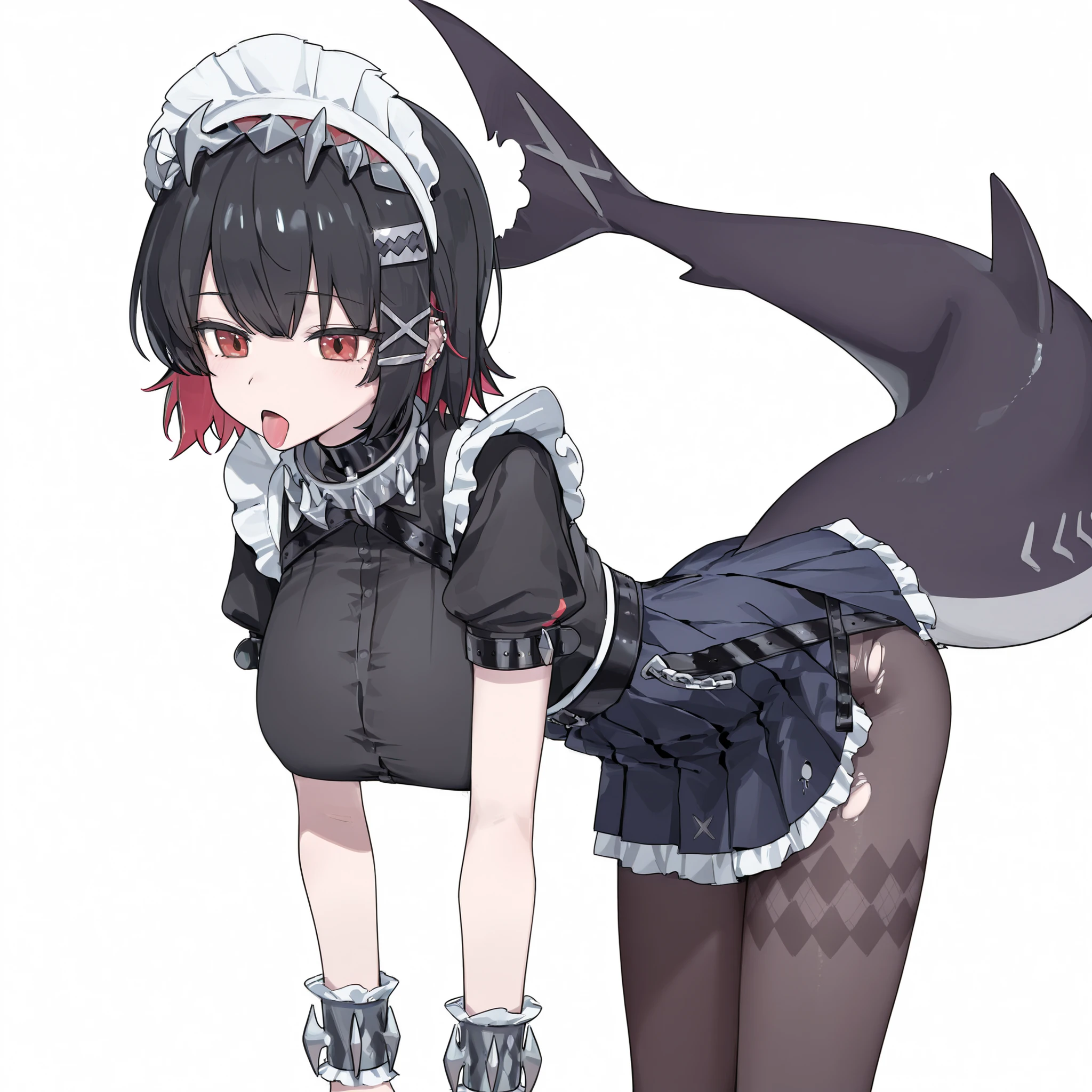 girl、expressionless、red eyes、black hair、short hair、 Colored Hair の内側、big breasts、Fish Tail、hair ornament、hair clip、x hair ornament、Spiked Hairband、Spike Bracelet、 Spike Collar 、Maid、Maidの頭飾り、black dress with torn bottom、 frill、puffy short sleeve、Maidのエプロン、black belt、ribbon、brown pantyhose、red eyes、black hair、short hair、 Colored Hair 、big breasts、Fish Tail、hair ornament、hair clip、X 字型のhair ornament、black choker、uniform、black shirt、collared shirt、blue skirt on the tongue、pleated skirt、black pantyhose、Fins、buckle、attractive pose、Channel style