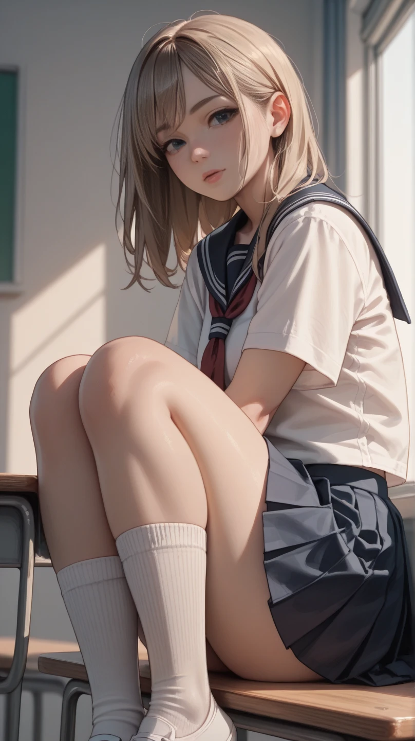 Photos,((Masterpiece)),((Best quality)),absurdres, 1girl, 1boy, squatting cowgirl, Gonzo, School uniform, (Classroom:1.1), Sunlight, (Half-closed eyes: 0.4), (Open lips: 1.4), (Nasal blush: 1.2), light smile,