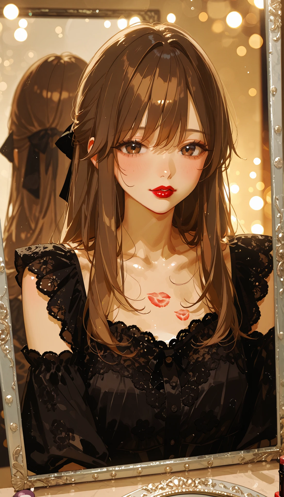 Create a profile picture of a brown curly haired woman, Caucasian skin, eyes browns, gloomy coquette anime pink and black gothic hello lotty