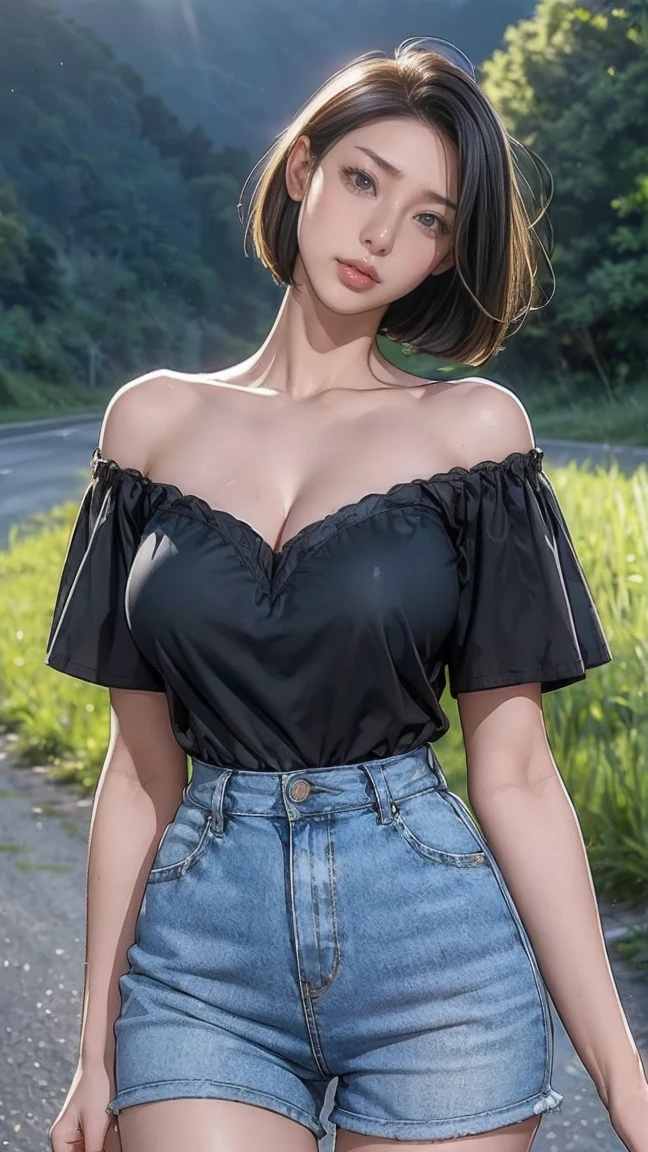 (Best quality,ultra detailed,photorealistic:1.37),bright and rich colors,studio lighting,playful and smiling expression of a beautiful face,stylish makeup, short denim shorts,hair fluttering in the wind,alluring smiling eyes, (((short T-shirt with a deep neckline))), glossy lips,sexy free pose, I smile confidently and seductively,posing for a professional photo shoot,shallow depth of field,highlighting the main subject,soft natural lighting,Creating a dreamy and magical atmosphere.