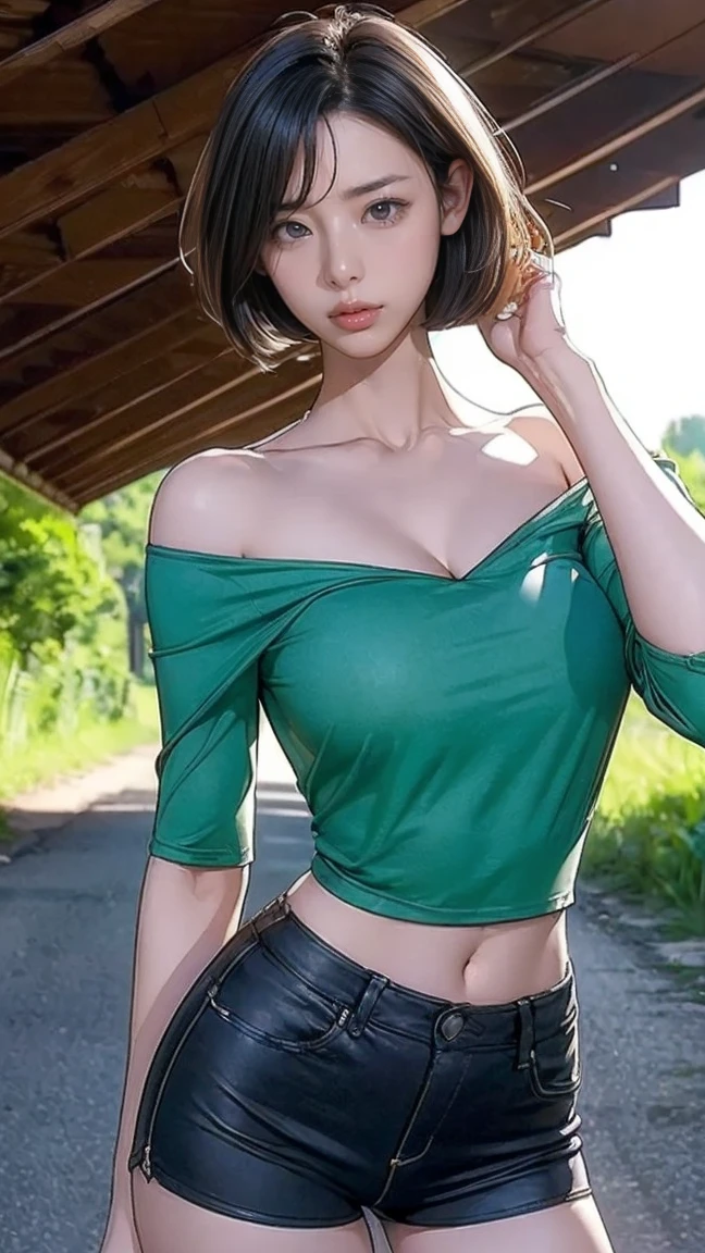 (((masterpiece))), hihgres, male NicoRobin, 1man, solo, short hair, looking at viewer, smile, blue eyes, skirt, , shirt, black hair, navel, cleavage,, closed mouth, collarbone, full body, short sleeves, midriff, high heels, sunglasses, blue shirt, eyewear on head, jins, railing, hair slicked back, partially unzipped, hands on side,