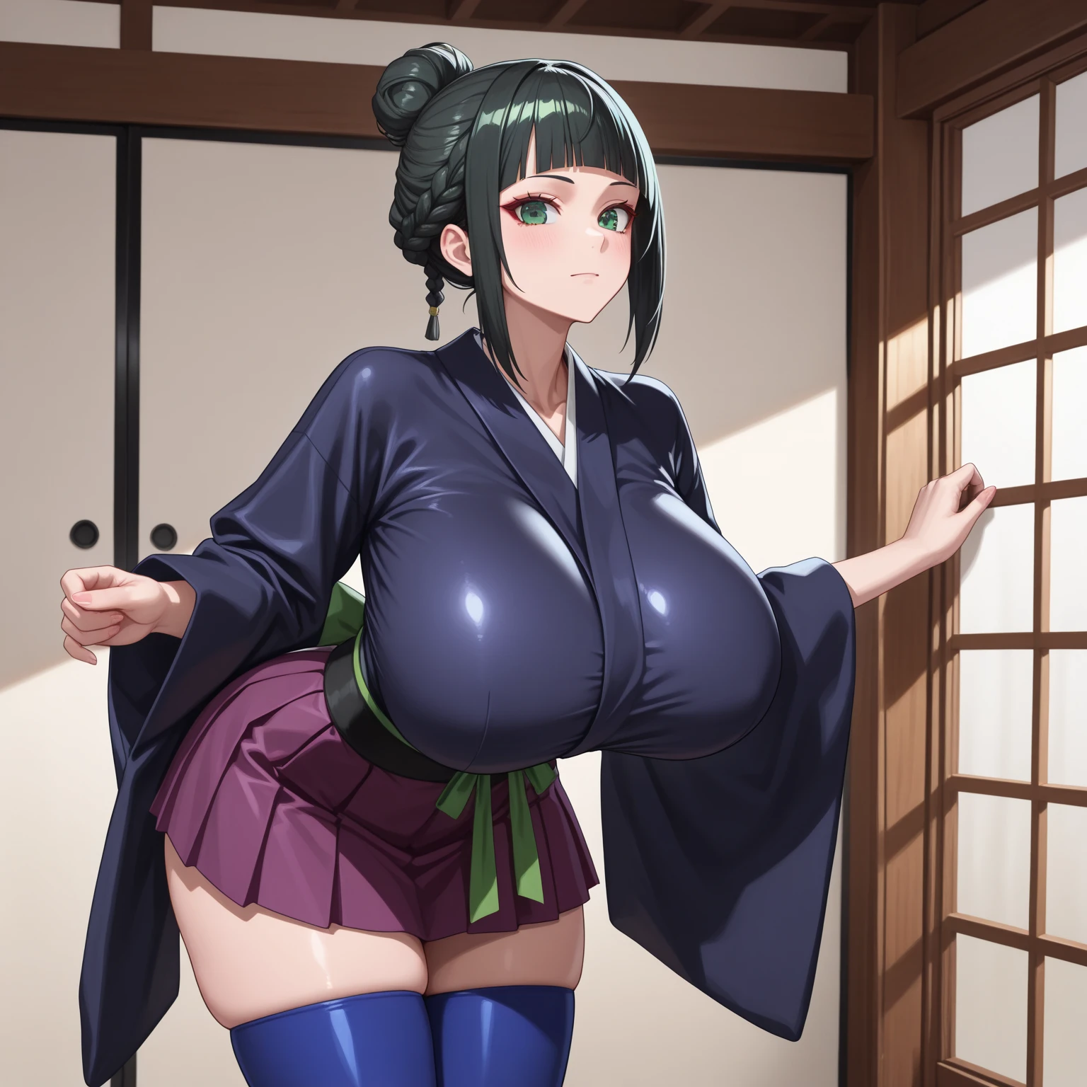 minamoto no raikou,1girl,solo,Mature Women,gigantic huge breasts,slender,breath,amorous glance,looking at viewer,smile,near,standing up,Japanese house,in room,perfect,high quality,faultless,