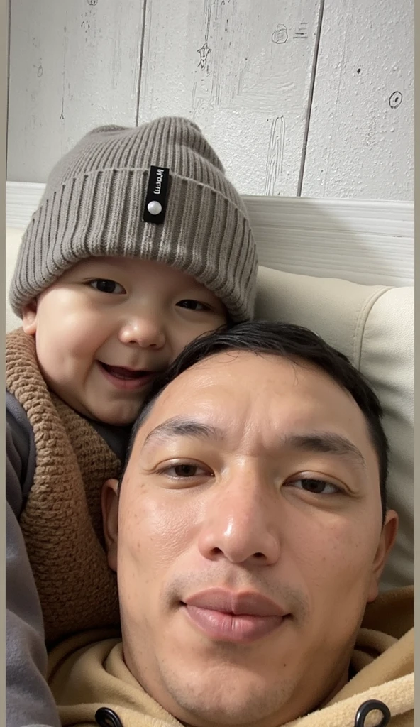 Asian boy holding a baby, good lighting, smooth hair, glossy skin, blur background, high quality, 8k resolution, cute, soft fabrics, tropical environment, remove rgb effect, realistic, no multiple fingers