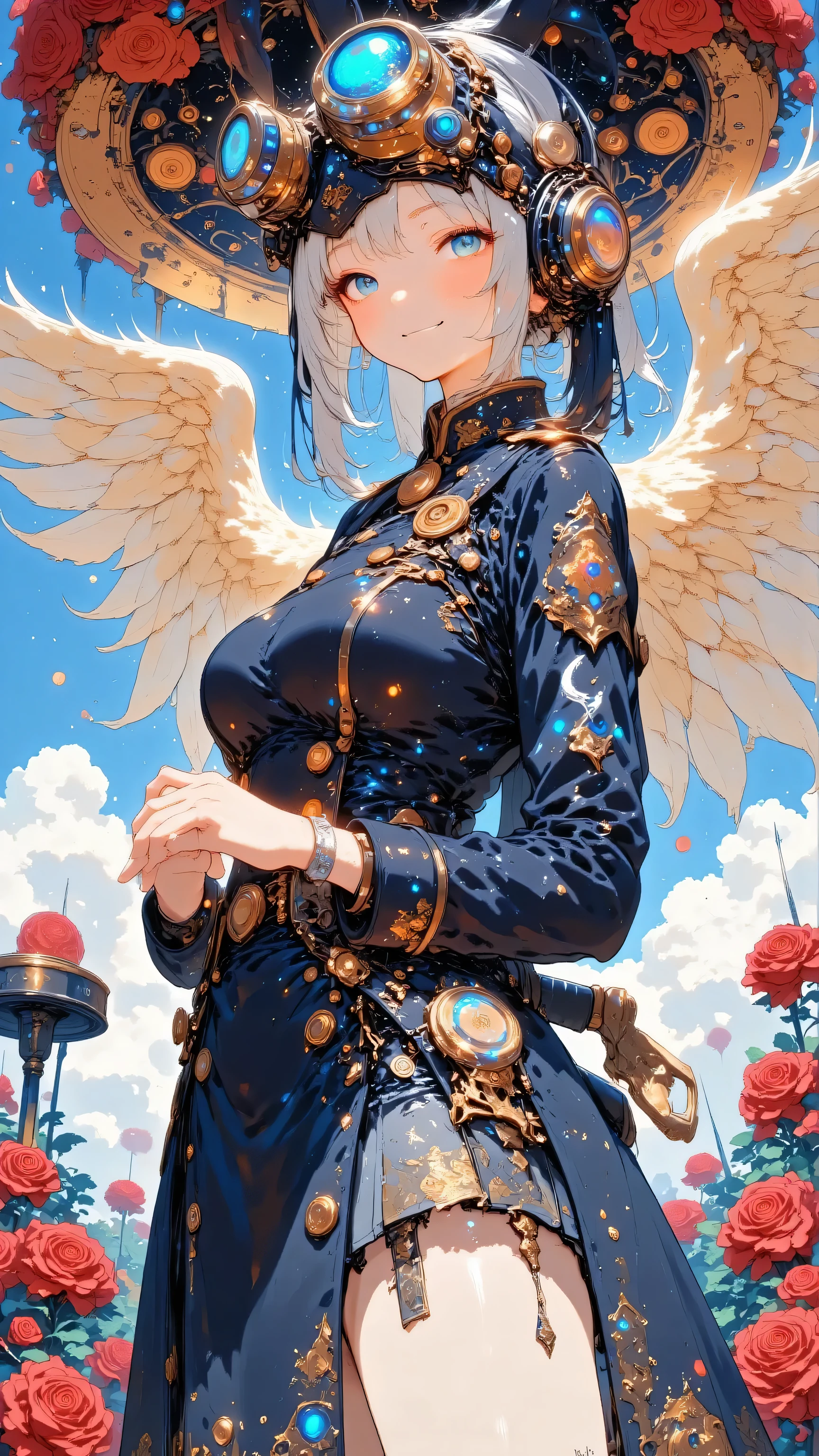 天使の羽、バラが舞う、A masterpiece illustration in 8K resolution of a high school girl turned angelic figure, her large, luminous angelic wings spread wide, captured in a dynamic upper-body side angle with a dynamic pose in the late afternoon light. She wears a blazer school uniform, her face showing a small, serene smile, her skin textured with realistic detail. Her head is covered in sparkling jewels, and she dons a colorful, bejeweled carnival mask in shades of sapphire and ruby, with a shamanic steampunk design, complemented by a gorgeous hat with intricate fabrics and connecting mask elements. The background is entirely filled with a vibrant cascade of red roses, their petals swirling and dancing in a cosmic breeze, creating a breathtaking contrast with her celestial aura. A zoomed-in inset shows two girls with angelic wings and elaborate costumes taking a selfie in front of the rose-filled scene, their faces glowing with joy amidst the swirling petals, depicted with anatomically accurate details, award-winning quality, and extremely fine textures.天使の羽、バラが舞う