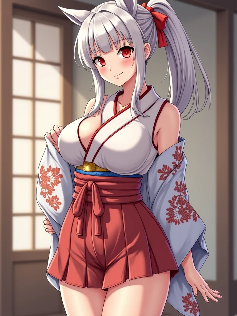 #Basics A girl is posing for a photo, animeのかわいい女の子, ((One Girl)), (((Baby Face:1.2)) + ((cute:1.3))),
break
#Clothing Accessories
((Shrine maiden costume) : (Long sleeve) + (Wide Sleep) + White Haori + (cherry blossomsの刺繍が施されている) + (Long crimson hakama skirt) + Hair ornament in the shape of a flower + ((伝統的な日本のshrineのShrine maiden costume))), (Black frame glasses),
(Gold hoop earrings),
break
#Features
((Silver Hair)), (Two-part bangs + Bangs that expose the forehead + I can see a beautiful forehead), ((Long Hair) : Long Hair + Fuller Hair + Voluminous Hair + Hair curled outside)),
((Droopy eyes:1.4, Big eyes:1.2), blue eyes), (Small breasts),
break
#background environment
((noon, Sunshine + shrine + cherry blossoms)),
#Facial Expression Pose
((smile:1.5)), ((Dynamic Pose)),
#composition
((To the camera, Angle from below, Cowboy Shot)),
break
#Body parts elements
(Slim figure),
(Detailed Hair, Beautiful Hair, Shiny Hair),
(double eyelid, Long eyelashes),
(Expression of fine eyes, Beautiful and delicate eyes, Sparkling eyes, Eye Reflexes, Glitter Eyeliner),
(Human Ear),
(Beautiful Nose, Thin Nose),
(Glossy Lips, Beautiful Lips, Thick lips), (Symmetrical facial features),
(Detailed skin, Textured skin, Beautiful Skin, Oily skin),
break
#Quality Image Quality Common
(((Highest quality)), ((masterpiece)), ((Very detailed))), ((Ultra-high resolution)), ((16K, 1080P)), ((FHD)),
(Anatomically correct), (Realistic), (3DCG), (oil),
#Quality image illustration
((comics, anime)), CG illustration,