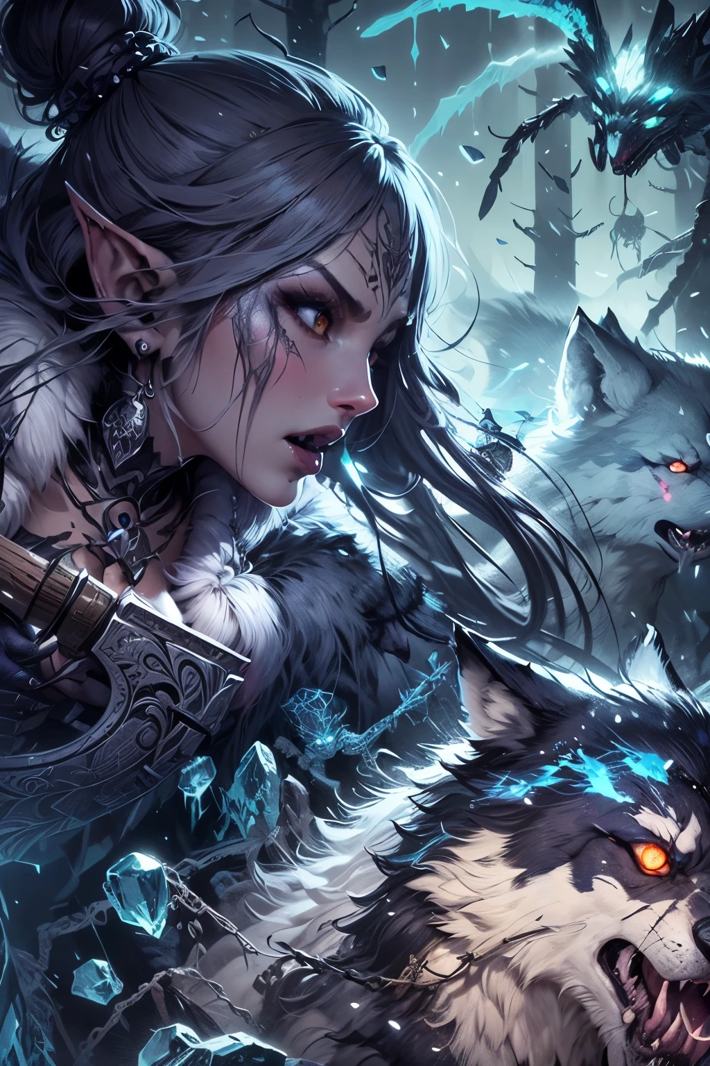 Ultra-detailed face, gothic fantasy illustration, ukiyoe style. Depicts a woman looking down from an oblique perspective. A female dark elf barbarian is fighting ice spiders and large wolves in a Nordic ice forest. She roars and runs and jumps, slashing at the monsters with her two-handed greataxes. The ice spider breathes white ice breath and the big wolf is about to attack with its sharp fangs. They wear winter boots. Drawing feet. Bangs of hair. Long white hair.