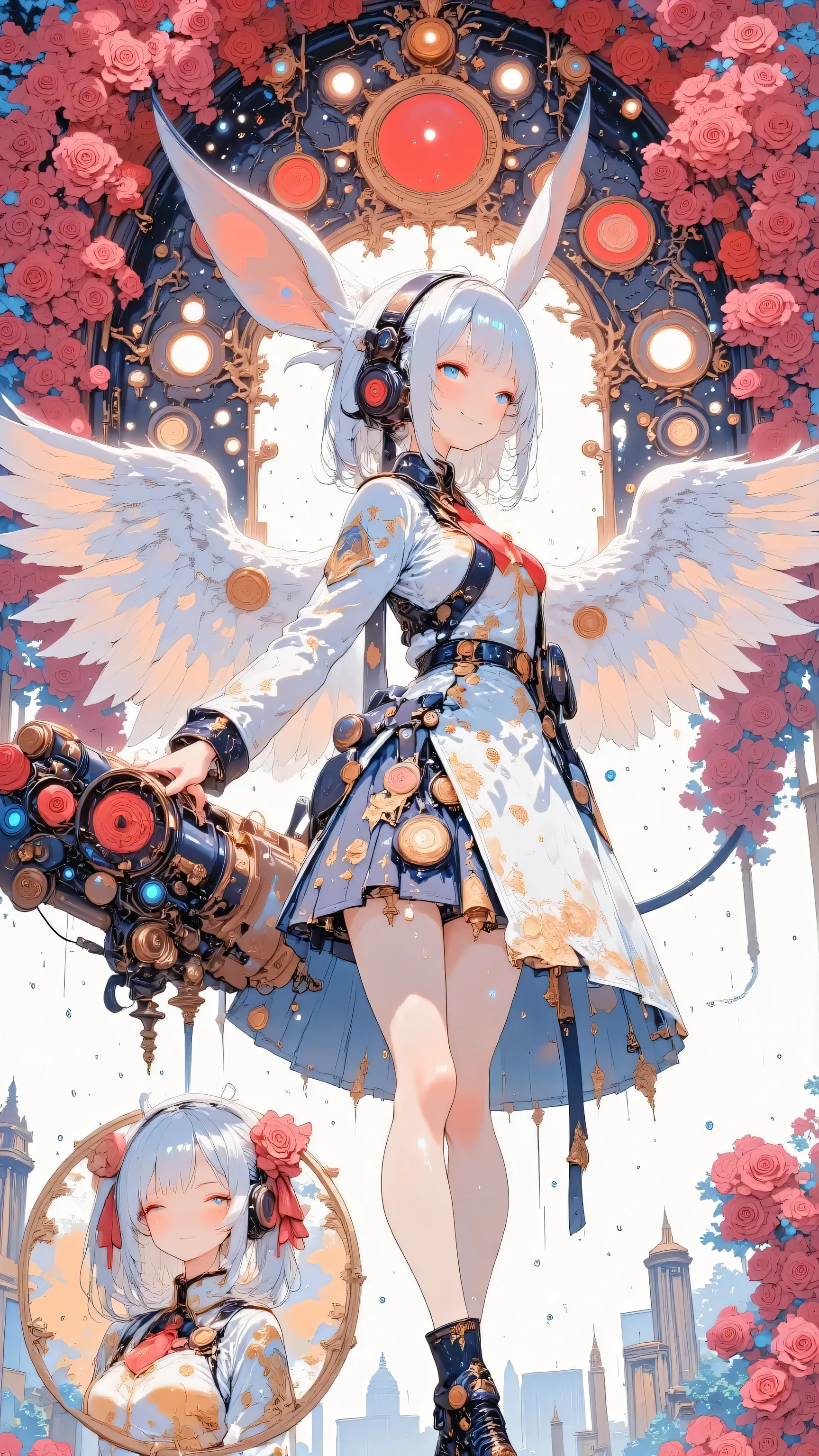 天使の羽、バラが舞う、A masterpiece illustration in 8K resolution of a high school girl turned angelic figure, her large, luminous angelic wings spread wide, captured in a dynamic upper-body side angle with a dynamic pose in the late afternoon light. She wears a blazer school uniform, her face showing a small, serene smile, her skin textured with realistic detail. Her head is covered in sparkling jewels, and she dons a colorful, bejeweled carnival mask in shades of sapphire and ruby, with a shamanic steampunk design, complemented by a gorgeous hat with intricate fabrics and connecting mask elements. The background is entirely filled with a vibrant cascade of red roses, their petals swirling and dancing in a cosmic breeze, creating a breathtaking contrast with her celestial aura. A zoomed-in inset shows two girls with angelic wings and elaborate costumes taking a selfie in front of the rose-filled scene, their faces glowing with joy amidst the swirling petals, depicted with anatomically accurate details, award-winning quality, and extremely fine textures.天使の羽、バラが舞う




