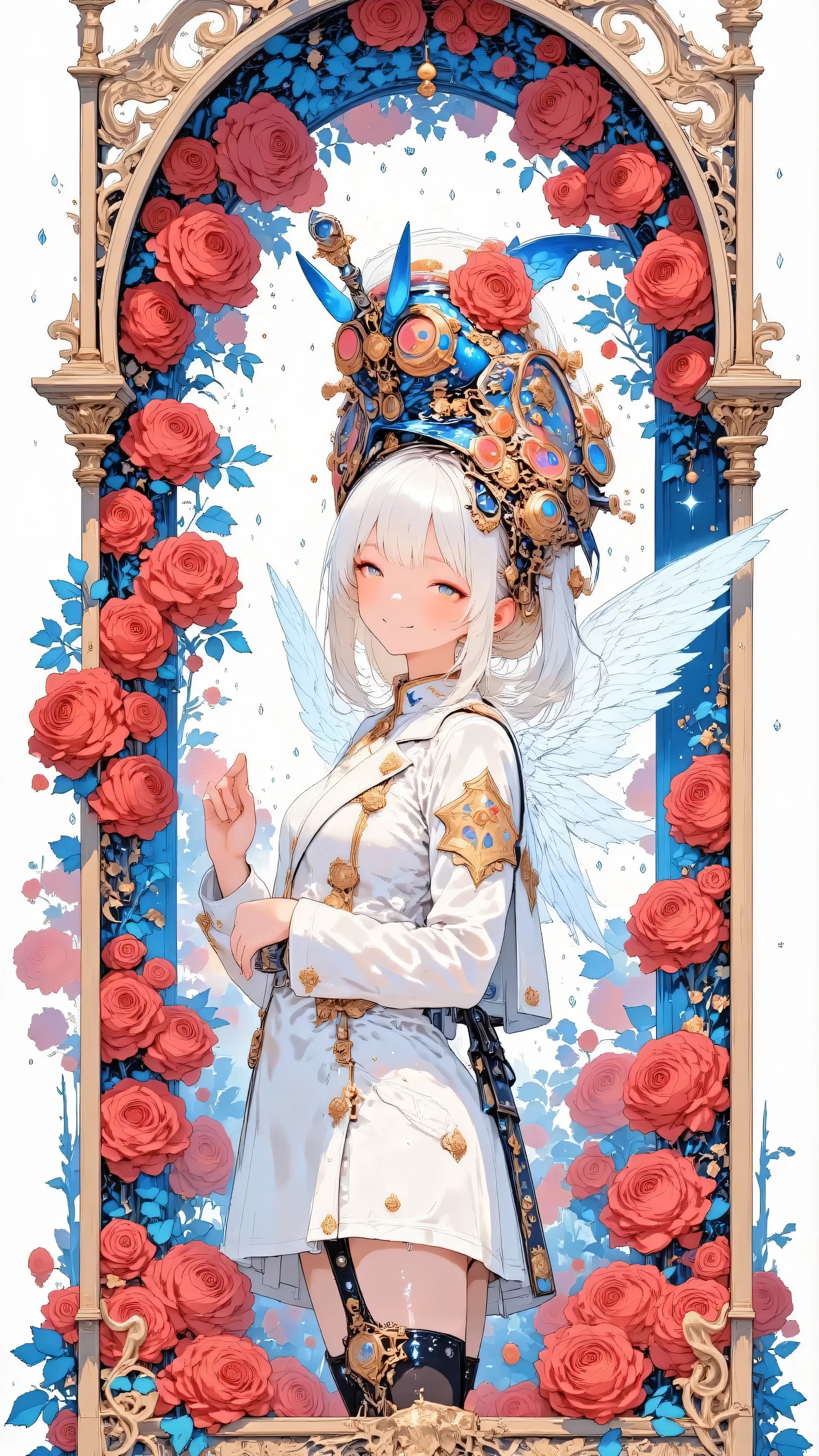 天使の羽、バラが舞う、A masterpiece illustration in 8K resolution of a high school girl turned angelic figure, her large, luminous angelic wings spread wide, captured in a dynamic upper-body side angle with a dynamic pose in the late afternoon light. She wears a blazer school uniform, her face showing a small, serene smile, her skin textured with realistic detail. Her head is covered in sparkling jewels, and she dons a colorful, bejeweled carnival mask in shades of sapphire and ruby, with a shamanic steampunk design, complemented by a gorgeous hat with intricate fabrics and connecting mask elements. The background is entirely filled with a vibrant cascade of red roses, their petals swirling and dancing in a cosmic breeze, creating a breathtaking contrast with her celestial aura. A zoomed-in inset shows two girls with angelic wings and elaborate costumes taking a selfie in front of the rose-filled scene, their faces glowing with joy amidst the swirling petals, depicted with anatomically accurate details, award-winning quality, and extremely fine textures.天使の羽、バラが舞う




