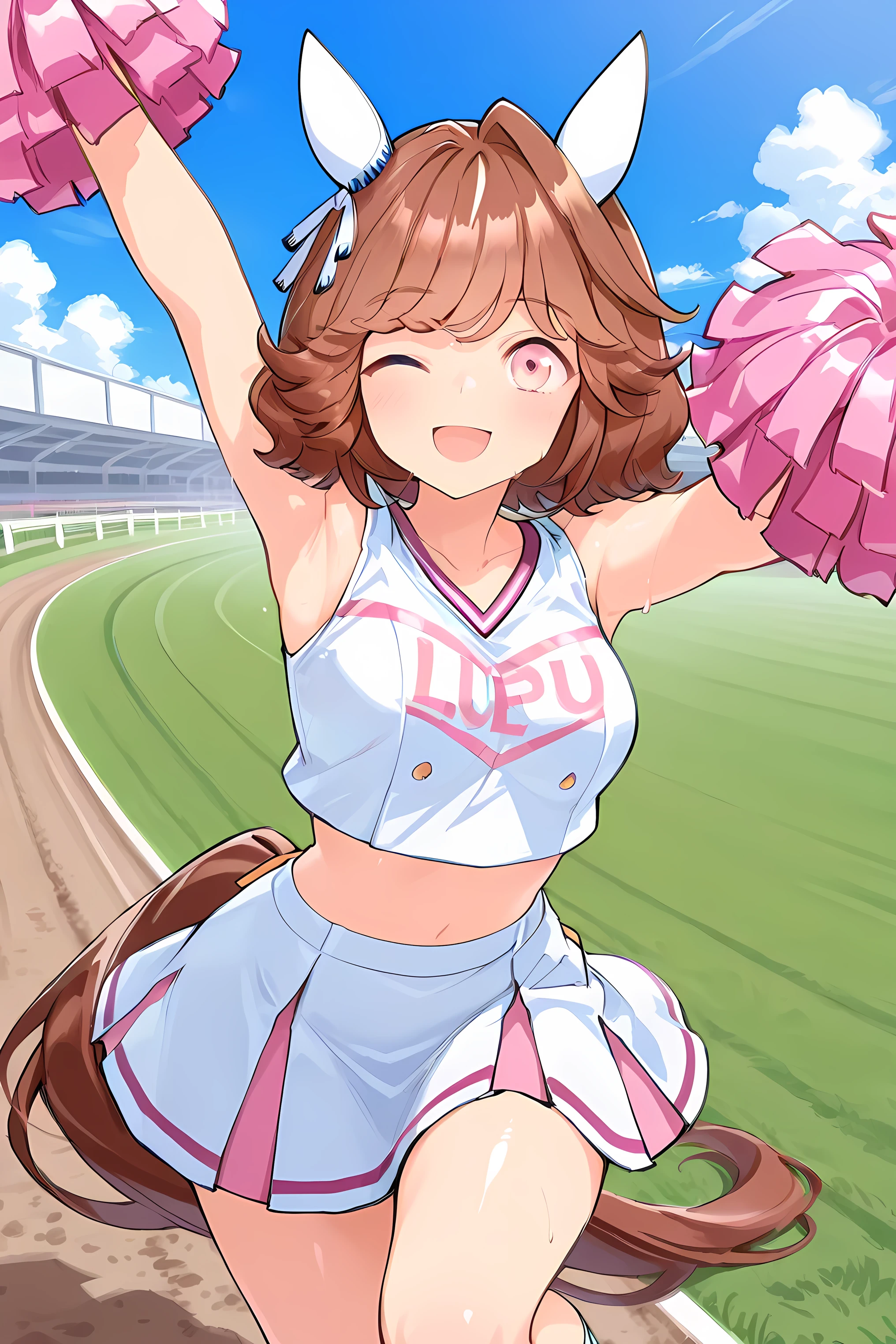 haiseiko \(umamusume\),(((masterpiece))),(((detailed)))((best quality)),((hyper detailed)),(beautiful),((shinythighs)),(((shiny skin))),(high quality skin),((8k)),((high resolution)),pink and white color cheerleader, holding large pom-poms in both hands, dynamic pose,, arm up,reaching towards viewer,standing,knee up, smile, happy,one eye closed,sweat,embarrassed, blush,Lawn,horse racing track,shoot from front,eye level shot,(((太ももから顔までのクローズアップ画像))),((キャラクターアップ画像)),anime girl, solo,