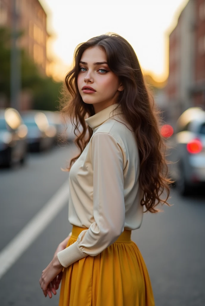 arafed woman, long brown hair, brown eyes, seductive look, white low-cut silk shirt, blue fitted jeans, sunset modern metropolis, spot lighting, light on hair, shallow depth of field, homogeneous background, looking at viewer, sexy