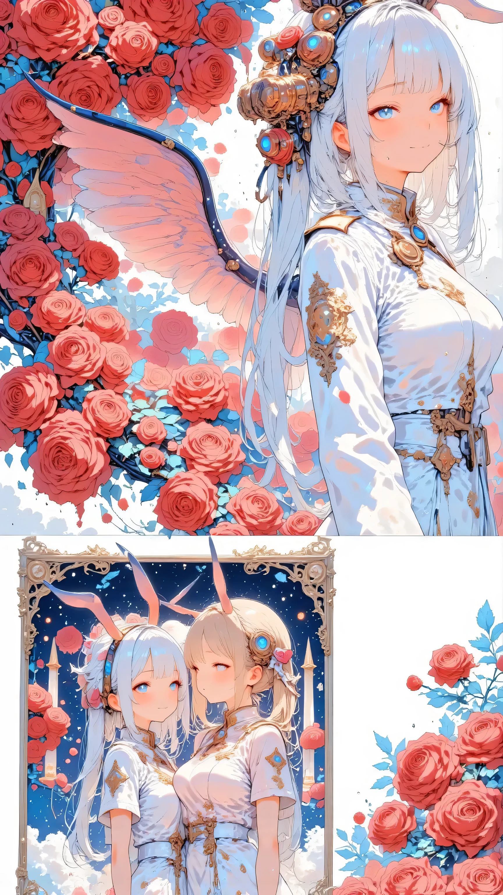 天使の羽、バラが舞う、A masterpiece illustration in 8K resolution of a high school girl turned angelic figure, her large, luminous angelic wings spread wide, captured in a dynamic upper-body side angle with a dynamic pose in the late afternoon light. She wears a blazer school uniform, her face showing a small, serene smile, her skin textured with realistic detail. Her head is covered in sparkling jewels, and she dons a colorful, bejeweled carnival mask in shades of sapphire and ruby, with a shamanic steampunk design, complemented by a gorgeous hat with intricate fabrics and connecting mask elements. The background is entirely filled with a vibrant cascade of red roses, their petals swirling and dancing in a cosmic breeze, creating a breathtaking contrast with her celestial aura. A zoomed-in inset shows two girls with angelic wings and elaborate costumes taking a selfie in front of the rose-filled scene, their faces glowing with joy amidst the swirling petals, depicted with anatomically accurate details, award-winning quality, and extremely fine textures.天使の羽、バラが舞う