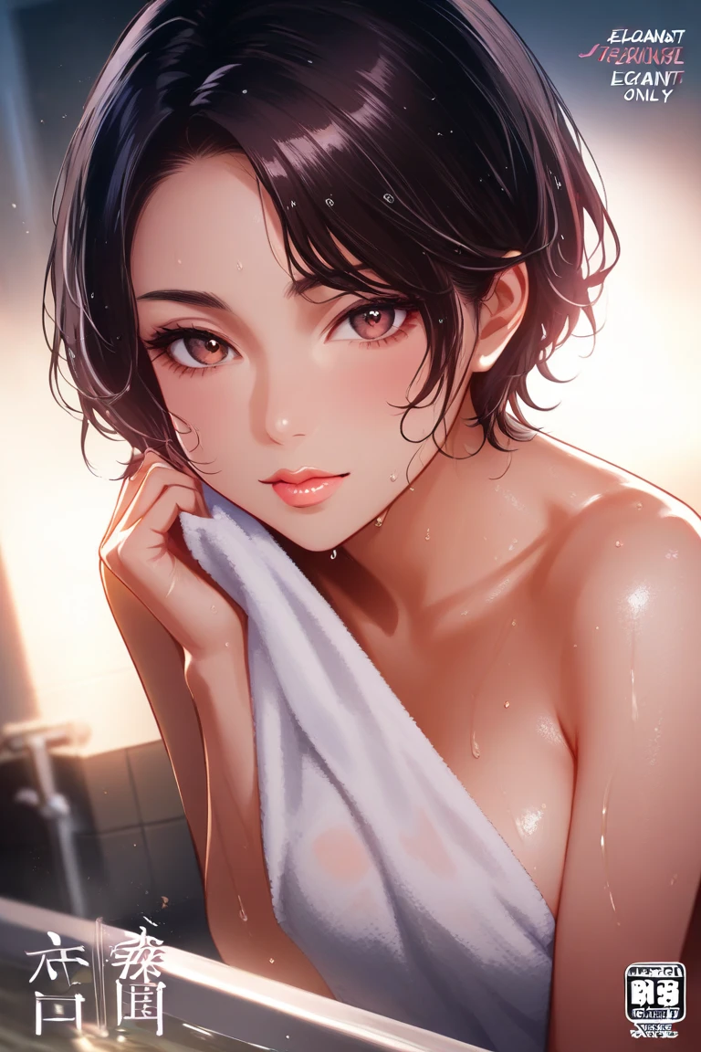 (In 8K、RAW shooting、highest quality、Masseter muscle part:1.2)、super detailed、super resolution、(realistic、realistic pictures:1.37)、Portrait、High-definition RAW color photo、professional photography、hvery detailed and beautiful、very detailed、8K image wallpaper、amazing details、huge file size、official art、Hvery detailed CG Unity 8K wallpapers、hvery detailed beautiful girl、very detailed顔、very detailed目、very detailed肌、very fine fingers、hvery detailed nose、very detailed詳細な口、perfect anatomy、detailed background、detailed clothing、1 girl、(20:1.2)、20&#39;s、pretty girl、realistic body、petite、white skin、glowing skin、Because I&#39;m slender、black haired、((short hair))、(well-groomed bangs: 1.4)、cute face、lifelike face、delicate eyes、((Stylish bathroom))、((office lady))、(((full nude)))、((Sit in the bathtub))、((a woman&#39;s breasts are exposed))、wet body、earrings、necklace、bracelet、((face turned to the side))、contrapo、dynamic lighting、((Firm B cup))、((cleavage))、((small and beautiful pink areola))、(((Close your eyes and yawn loudly)))、((Anguished expression))、