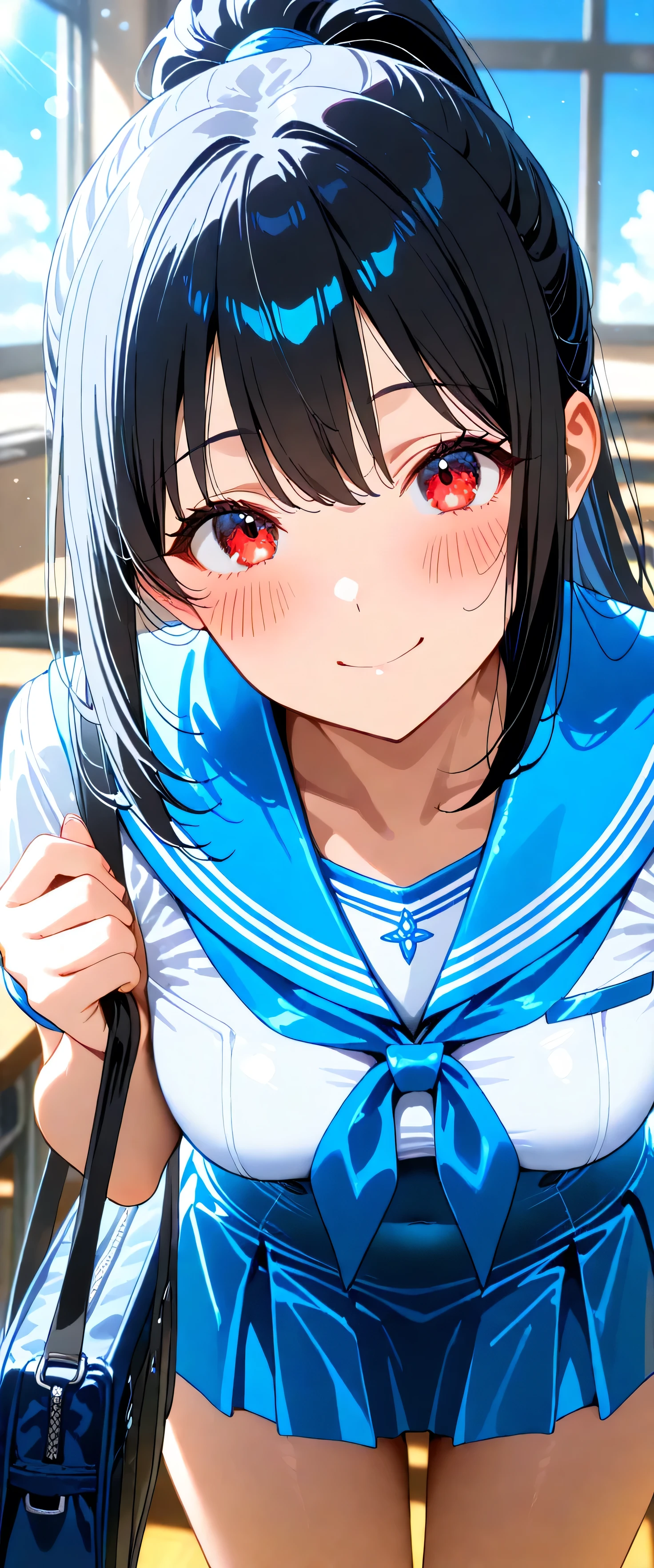 (beautiful girl: 1.3),1girl,masterpiece, Highest quality, Ultra-high resolution,rich contrast,super high quality,8k,Highly detailed CG unit wallpaper,texture,Incredibly absurd,Ultra-high resolution,RAW Photos,Depth of Field 1.2,high school girl,(Blue and white sailor suit:1.3),short sleeve,ponytail,Black hair,red eyes, classroom,(Circular Bokeh),blue sky,xss,Embarrassing,blush,Leaning forward,Looking up,Tilt your head,(extreme close-up),She bends down to get her bag, exposing her breasts,smile,closed mouth