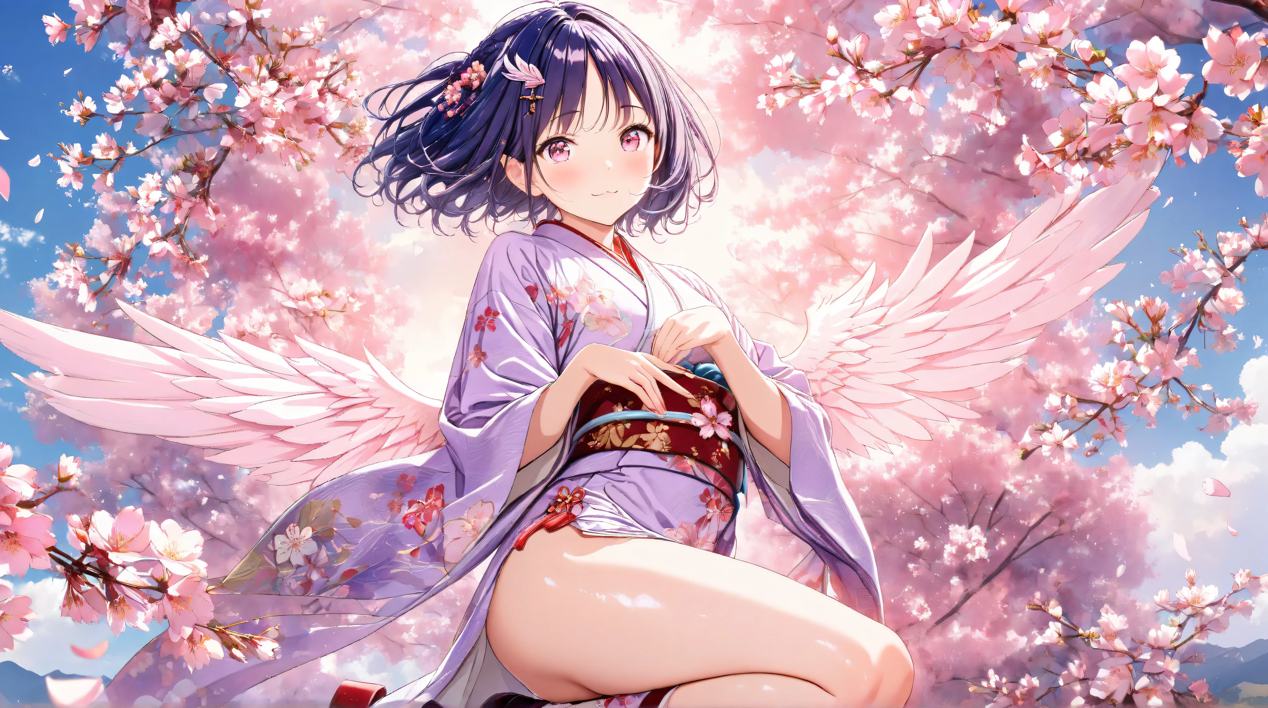 quality:masterpiece,best quality,ultra-detailed,32k,detailed background,
theme:(medium shot):1.5,(A 20 year old angel with breathtakingly beautiful perfect proportions illuminated by the rising sun):1.4,detailed skin texture,deep yet somewhat sad smile,Breathtakingly detailed facial features,Eyes that harbor intellectual light, delicate and moisturized lips ,Each finger is rendered in detail,shiny dark blue hair,short hair,Smooth silky texture,Flowing in the wind,Natural shadows and highlights,(pure white and clear angel wings):1.4,(each one is depicted in detail、feathers with a texture that cuts through the wind):1.3,(Feathers that make you feel wind pressure):1.2,(Angel wings spread powerfully through gaps in kimono):1.4,Natural and graceful hand pose,Hands based on realistic human anatomy,transparent fingertips that make you feel like you're being sucked in,Clearly defined joints,Detailed expression of the fingers, Smooth and curvaceous body lines,Translucent and moisturized skin,Graceful knee lines,Natural and beautiful leg lines, Delicate body contours,(Flying gracefully):1.5,
costume:(Long, flowing sleeves、Light purple kimono based on red):1.5,(A kimono with gorgeous embroidery):1.4,(a kimono with a smooth drape made of shiny silk):1.3,Realistic Fabric,intricate details,detailed folds,Pastel Pink Obi,Crimson Belt,Cherry Blossom Patterned Sack Belt,(large ball hairpin):1.2, (hairpin in the shape of a cherry blossom):1.2,pastel pink knob-weave hair ornament:1.1,cute sandals,Are you wearing sakura-patterned socks,
Style:photorealistic,3D rendering,cinematic lighting,volumetric lighting,ray tracing,depth of field,cinematic shot,pastel,translucent,
background:(Strong sunshine):1.5,(The screen is filled with weeping cherry blossoms in full bloom):1.5,(Weeping cherry blossoms in full bloom are shining illuminated by sunlight):1.5,(Cherry blossom sea):1.4,(Cherry blossom petals and angel wings blow in the wind and soar):1.3,(cloudless blue sky):1.4,volumetric lighting,