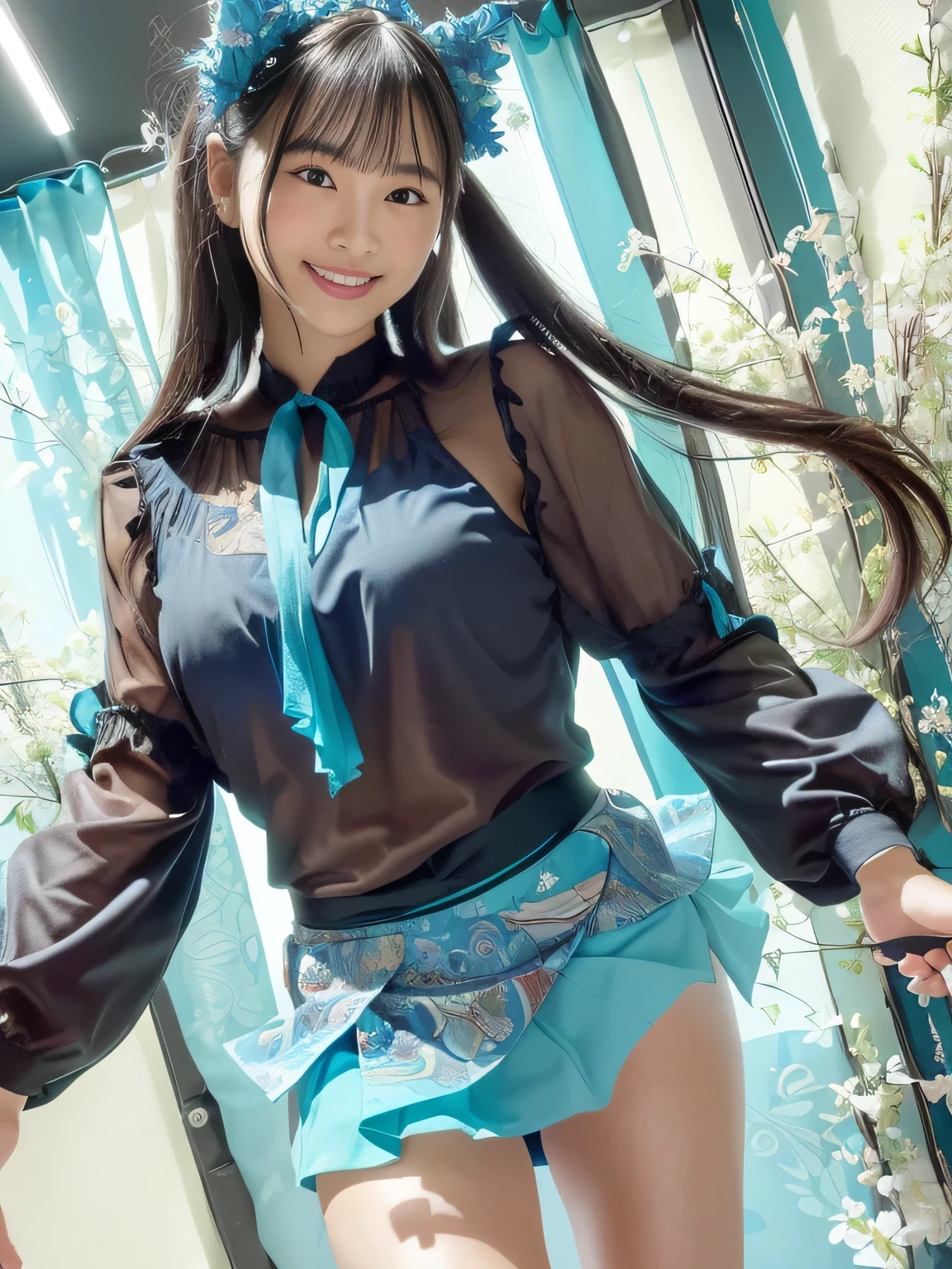 (((cute girl room background 3.0)))、((Inside a room lined with futuristic furniture))(((best image quality、highest resolution、greatest masterpiece、8k)))、(((Detailed Faces)))(((cute face)))(((Baby Face)))(((Young contour)))((( Lovely facial features)))、((( Blizzard 10 )))(((model body type)))((( Perfect pose line)))、(((Big  1.0)))((( Detailed Body .5)))、(((Long Straight Hair)))）(((Artemic Shoulder)))(((lapis lazuli and blue tourmaline oversized blouse 5.0)))(((Sumptuously Decorated Spring Blouse)))、((micro mini skirt))　(((Mesmerizing the viewer)))(((dynamic posing)))　(((happy smile)))(((bright and active)))((Cute))(((casual with short hem)))(((vivid fashion)))　