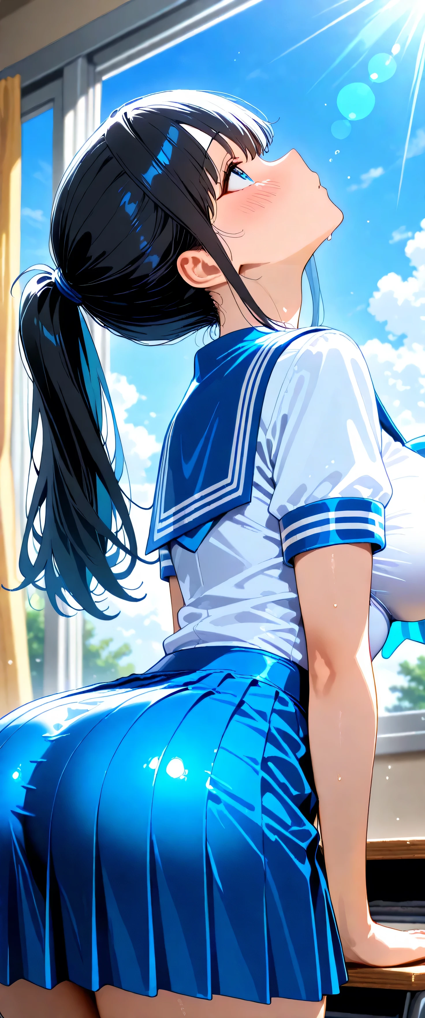 (beautiful girl: 1.3),1girl,masterpiece, Highest quality, Ultra-high resolution,rich contrast,super high quality,8k,Highly detailed CG unit wallpaper,texture,Incredibly absurd,Ultra-high resolution,RAW Photos,Depth of Field 1.2,high school girl,(Blue and white sailor suit and pleated skirt:1.3),short sleeve,ponytail,Black hair, classroom,(Circular Bokeh),blue sky,Big Breasts,Big Round Ass,hot,xss,Embarrassing,blush,Leaning forward,Looking up,Tilt your head,(upper body)