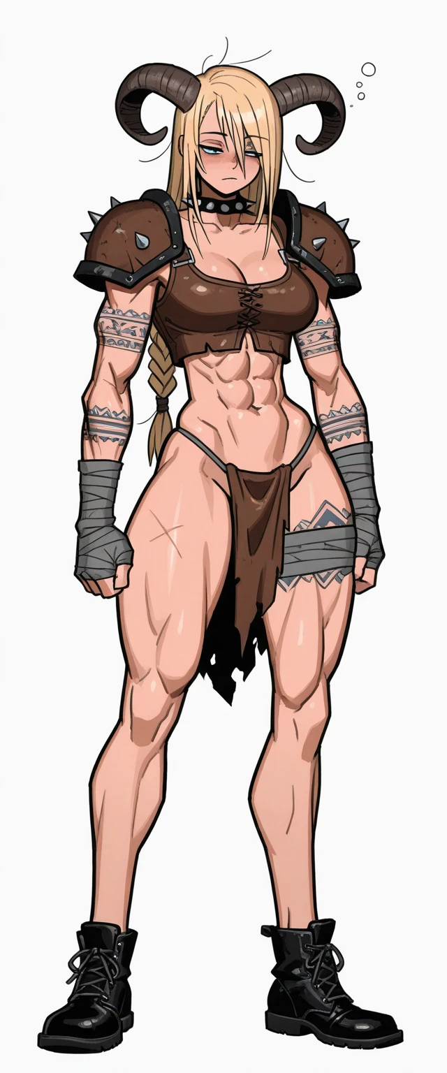 best quality, masterpiece, best shadows, black and orange hair, dark skin,,standing, full body, big breast, musclegirl, barbarian revealing cloths, , smile,#fashion design #warrior #woman #armor #clothing Trigger Words: barbarian_woman armor, smile open mouth