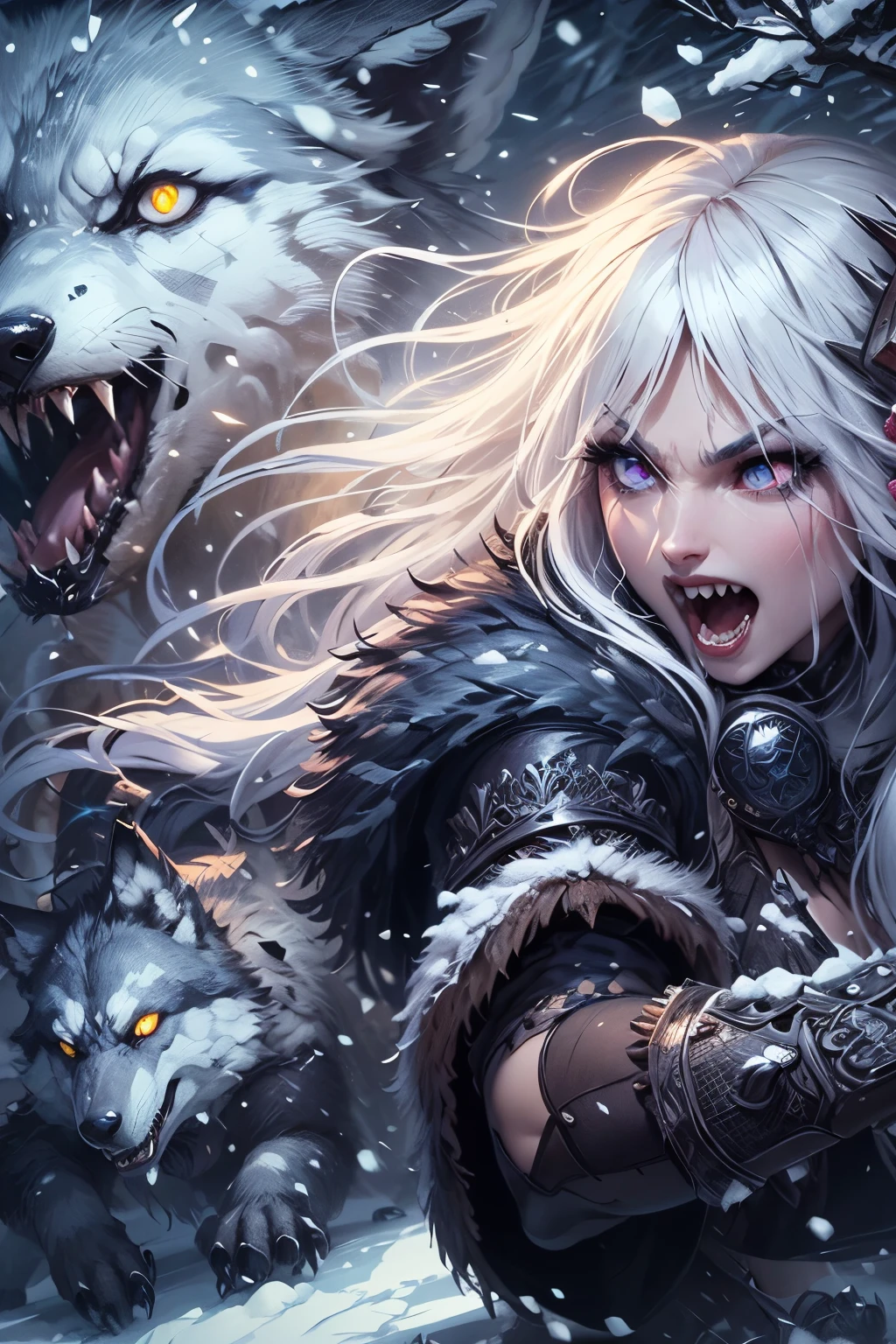 Ultra-detailed face, gothic fantasy illustration, ukiyoe style. Depicts a woman looking down from an oblique perspective. A female dark elf barbarian is fighting ice spiders and large wolves in a Nordic ice forest. She roars and runs and jumps, slashing at the monsters with her two-handed greataxes. The ice spider breathes white ice breath and the big wolf is about to attack with its sharp fangs. They wear winter boots. Drawing feet. Bangs of hair. Long white hair.