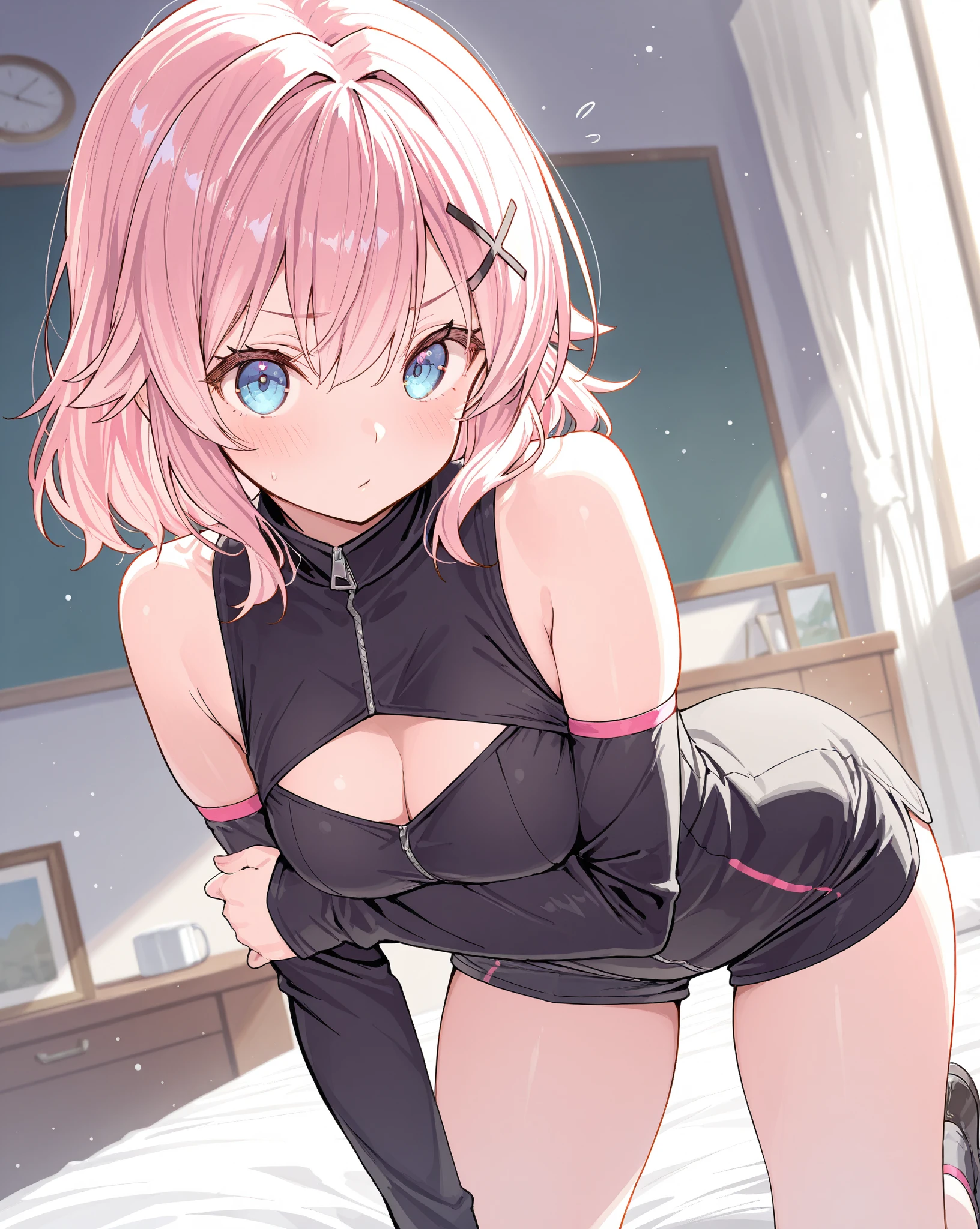 (Perfect Face, Detailed face, Beautiful Eyes,Perfect hands,Perfect Fingers)、Red face、((vapor))、hot、Momo Juvenile Deviluke, Ph Momo, Maternal, Foot, alone, 1 Girl, Pink Hair, Purple eyes, short hair, Hair Flowers, Big eyes, Masturbation,A flushed expression、Dirty face、Grin、Drooling、((Love Hotel))、 (masterpiece:1.2, Highest quality), (細かくてBeautiful Eyes: 1.2), (Beautiful and dense face), (Sharp facial hair between the eyes)、(About white panties, Camel Toe), 12 years old, Grinding, Transparent panties,On all fours、Large Breasts、Neon lighting、Looking up、Glare、Heavy breathing、Broken look、Going crazy、shout