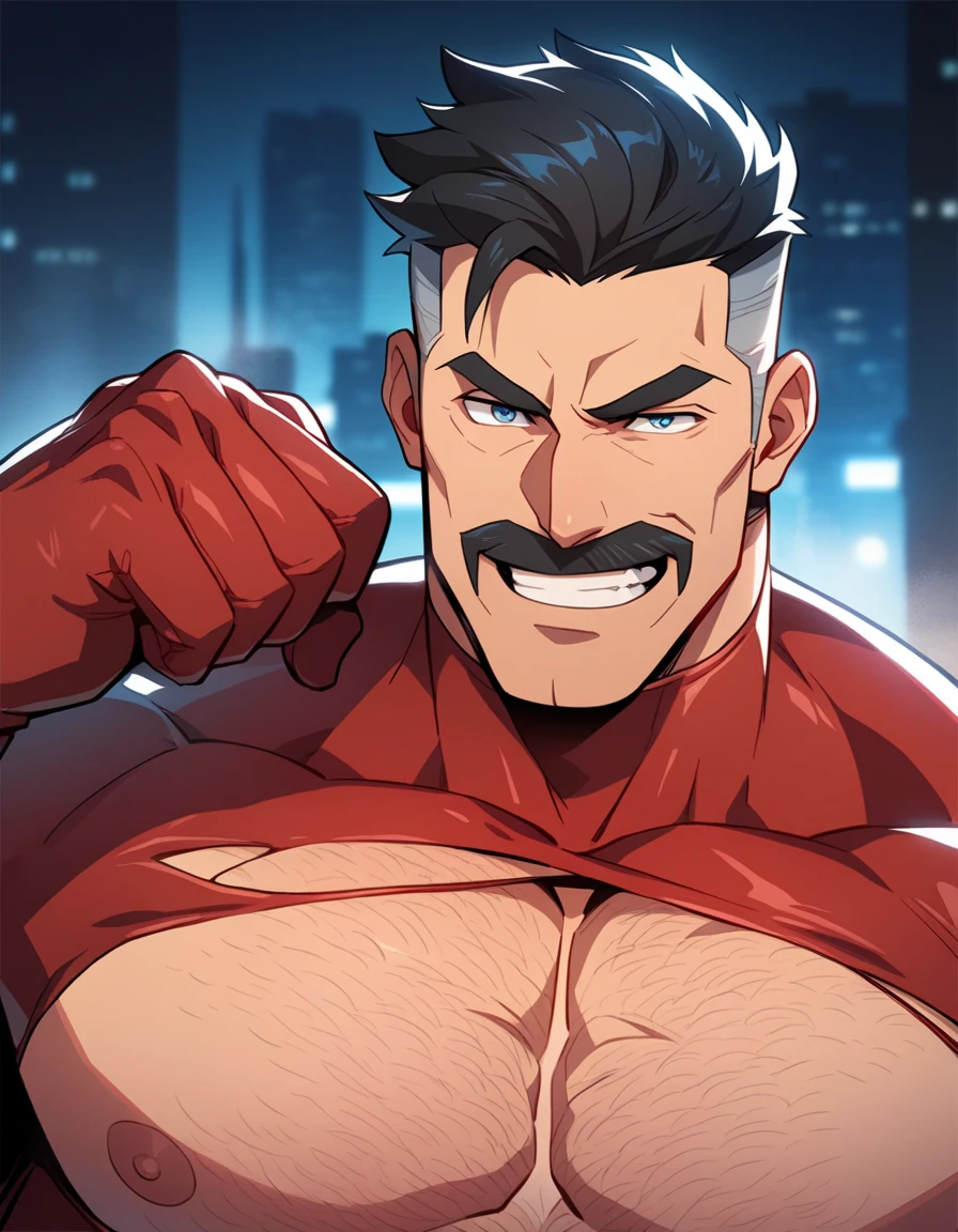 masterpiece, best quality, amazing quality, OmnimanIL, 1 man, solo, black hair with silver sides of hair, short hair, blue eyes, male focus, mature male, mustache, muscular, very tight white and red costume, ripped costume, oversized pectorals, nipples, very hairy body, flexing, city, night, smirk, clenched teeth, close up, erection, nsfw, daddy, dilf, sexy, full body view