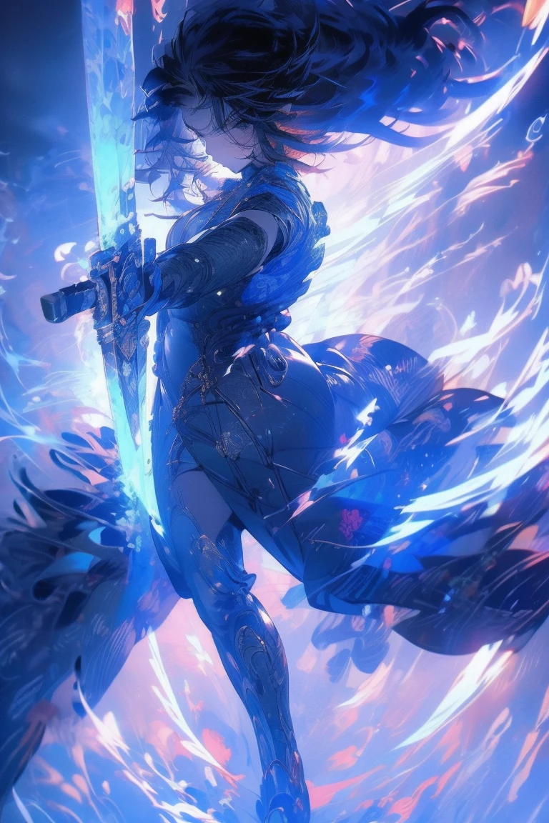 Modern anime-style digital painting of a 25-year-old female teacher in a frontal view and action pose during an autumn day, soaked by rain with dramatic lightning in the background. She is 165 cm tall, with measurements of 91-61-81 cm, and has waist-length, wavy blond hair with V bangs and bright blue eyes. Emitting a golden aura, she stands dynamically with one leg raised on a fallen log. She wears a ruffled white blouse, a black corset, skinny tight blue jeans, and high black boots, all drenched by the rain. The scene is set against rich autumn foliage and vivid lightning, enhancing the intense and mystical atmosphere.