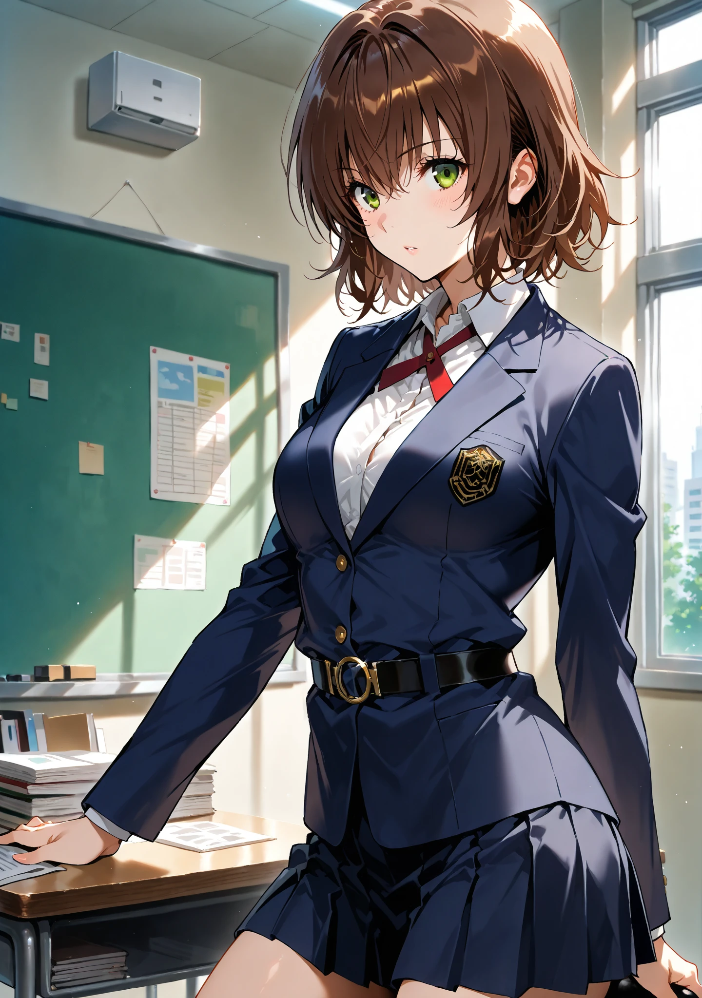 High-quality, ultra-realistic portraits。
(Big eyes、Gentle features、Natural smile)、((Asymmetrical shorthair:1.8、light brown))、Light Skin Tone、Healthy and smooth skin、((Navy blue blazer:1.8))、(White long sleeve blouse:1.4、Lace trim on collar、Gold Button、School emblem on breast pocket、Navy and white checkered pleated skirt:1.5)、Simple silver earrings、Slim wristwatch、 Black Loafers、((In the background is a classroom with advanced digital screens.:1.3))。