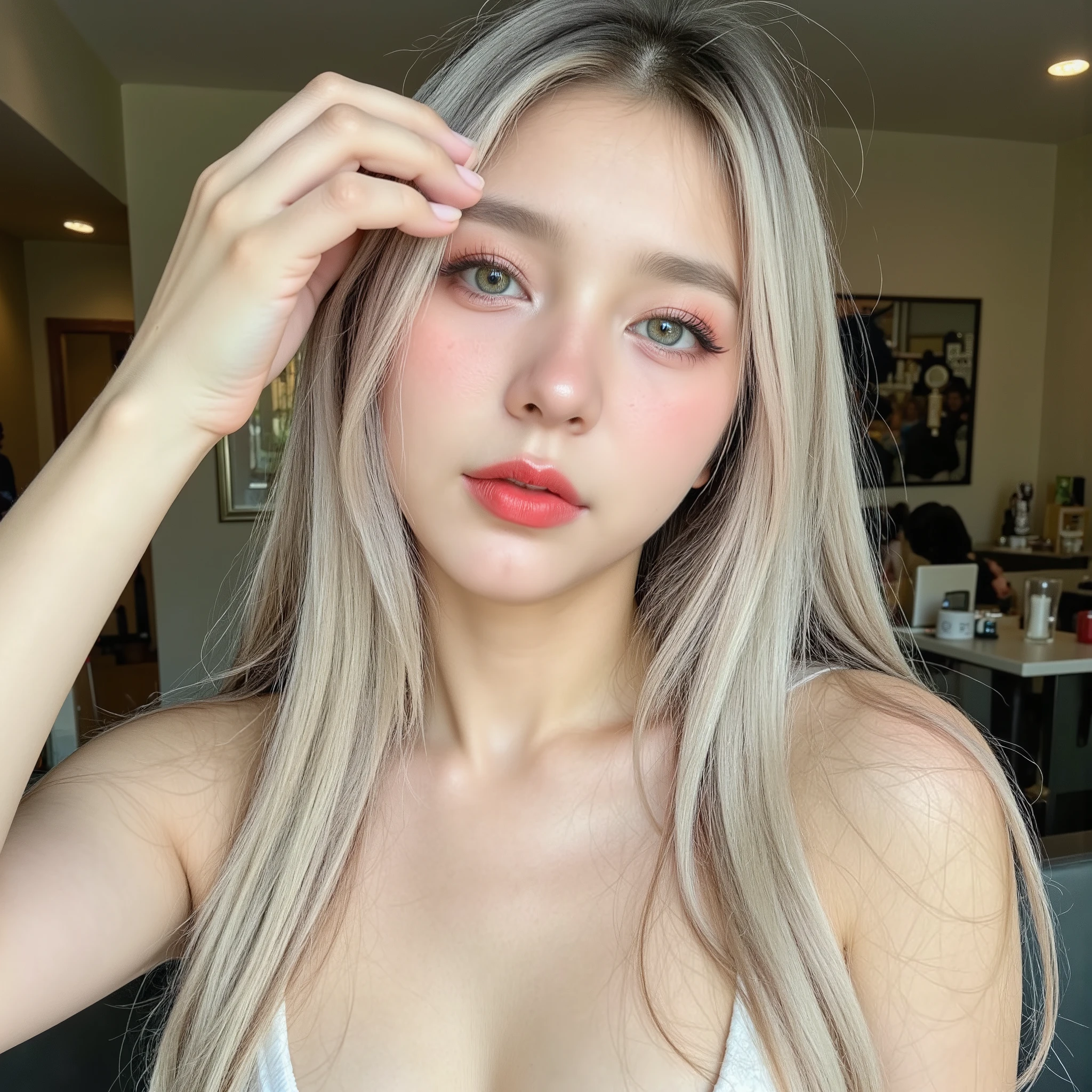 (((( full body shot: 1.5)))), high saturated and colored photo, full body shot, realistic photography photo of sexy seductive woman with long, wavy blond hair and flawless skin, makeup, red shiny lipstick, slender body, ultra detailed face, blush, depth of field, highly detailed, ((show full body: 1.3)), a beautifully detailed face with captivating eyes, The photo showcases her natural beauty, The lighting enhances her features, while the high-resolution quality captures every detail with photorealistic clarity , Her hair is styled in an intricate and unique fashion , adding to her ethereal and timeless aura , (blond hair) , (sexy makeup , eyeliner , long eyelashes), she looks excited with excited face expressions
ultra high resolution . photorealistic: 0 . 1 . 4 , UHD , pretty face , very hot , 19 years old , ((She has long blonde hair up to the middle of the waist and elegant falling over her shoulders and back long thin pink lock)) , ((from the front)) , masterpiece , best quality , intricate , blue eyes , ((Selfie with one hand and other arm raised showing the armpit))