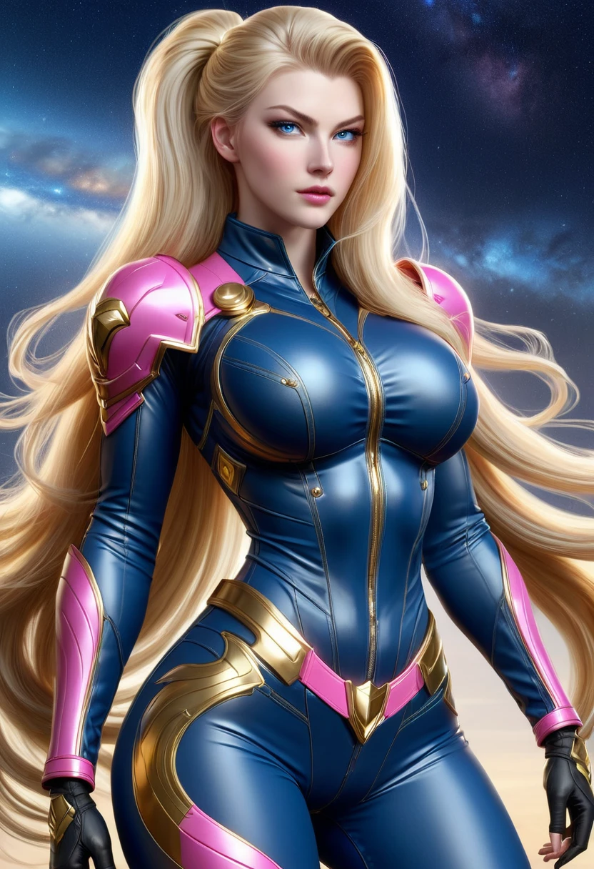 Anime style female character inspired by vintage space opera aesthetics, with elongated facial features, 165 cm tall, having blond, waist-length, wavy hair with V bangs, and blue eyes. She is wearing ultra tight skinny jeans with high riding boots over them, adding an equestrian touch to her ensemble. The character's design reflects a blend of space opera elements and a realistic body proportion, highlighting her strong yet feminine presence, big boobs,big ass, smile