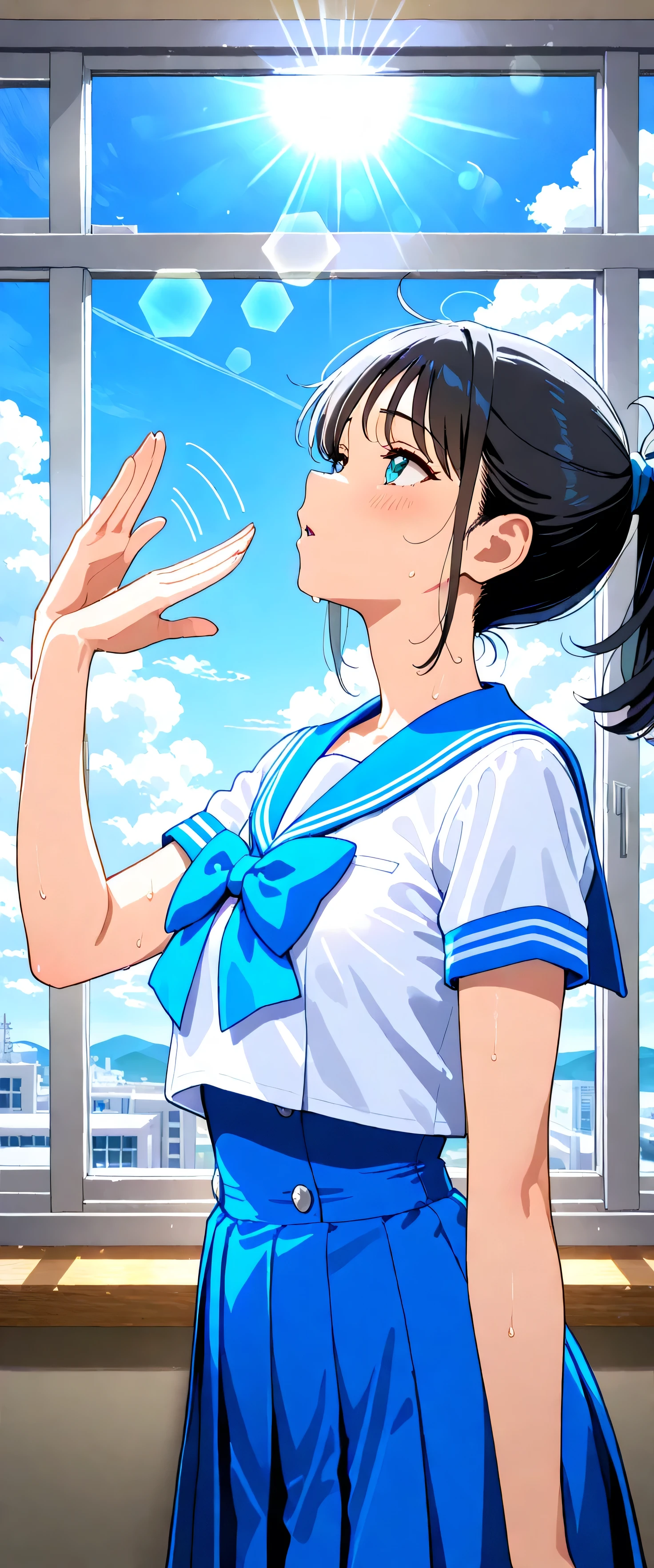 (beautiful girl: 1.3),1girl,masterpiece, Highest quality, Ultra-high resolution,rich contrast,super high quality,8k,Highly detailed CG unit wallpaper,texture,Incredibly absurd,Ultra-high resolution,RAW Photos,Depth of Field 1.2,high school girl,(Blue and white sailor suit and pleated skirt:1.3),short sleeve,ponytail,Black hair, Watching the rainbow from the classroom window,(Circular Bokeh),look up,blue sky,fanning self,hot,