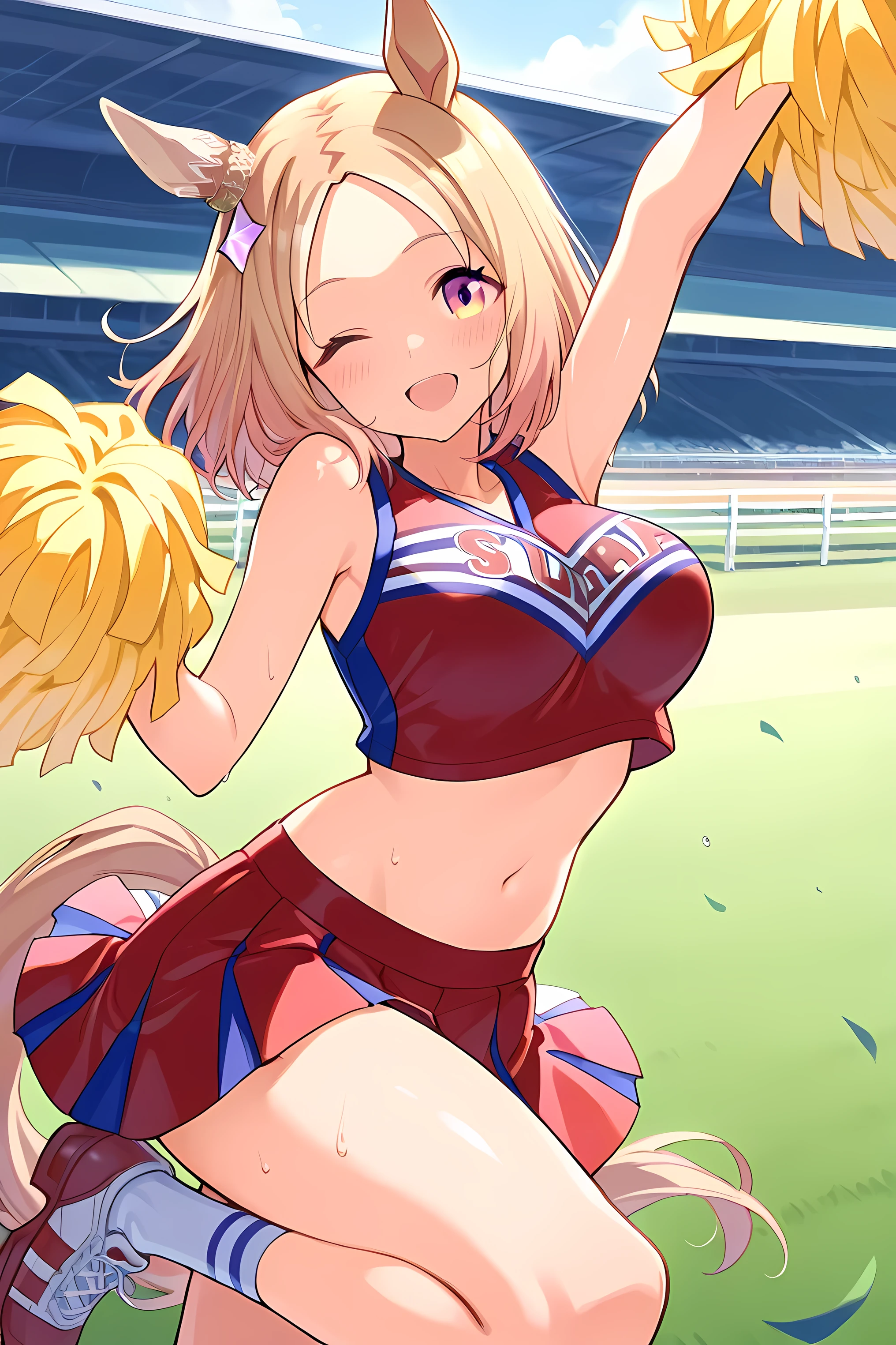 narita top road \(umamusume\),(((masterpiece))),(((detailed)))((best quality)),((hyper detailed)),(beautiful),((shinythighs)),(((shiny skin))),(high quality skin),((8k)),((high resolution)), purple and black color cheerleader, holding large yellow color pom-poms in both hands, dynamic pose,, arm up,reaching towards viewer,standing,knee up, smile, happy,one eye closed,sweat,embarrassed, blush,Lawn,horse racing track,shoot from front,eye level shot,(((太ももから顔までのクローズアップ画像))),((キャラクターアップ画像)),anime girl, solo,
