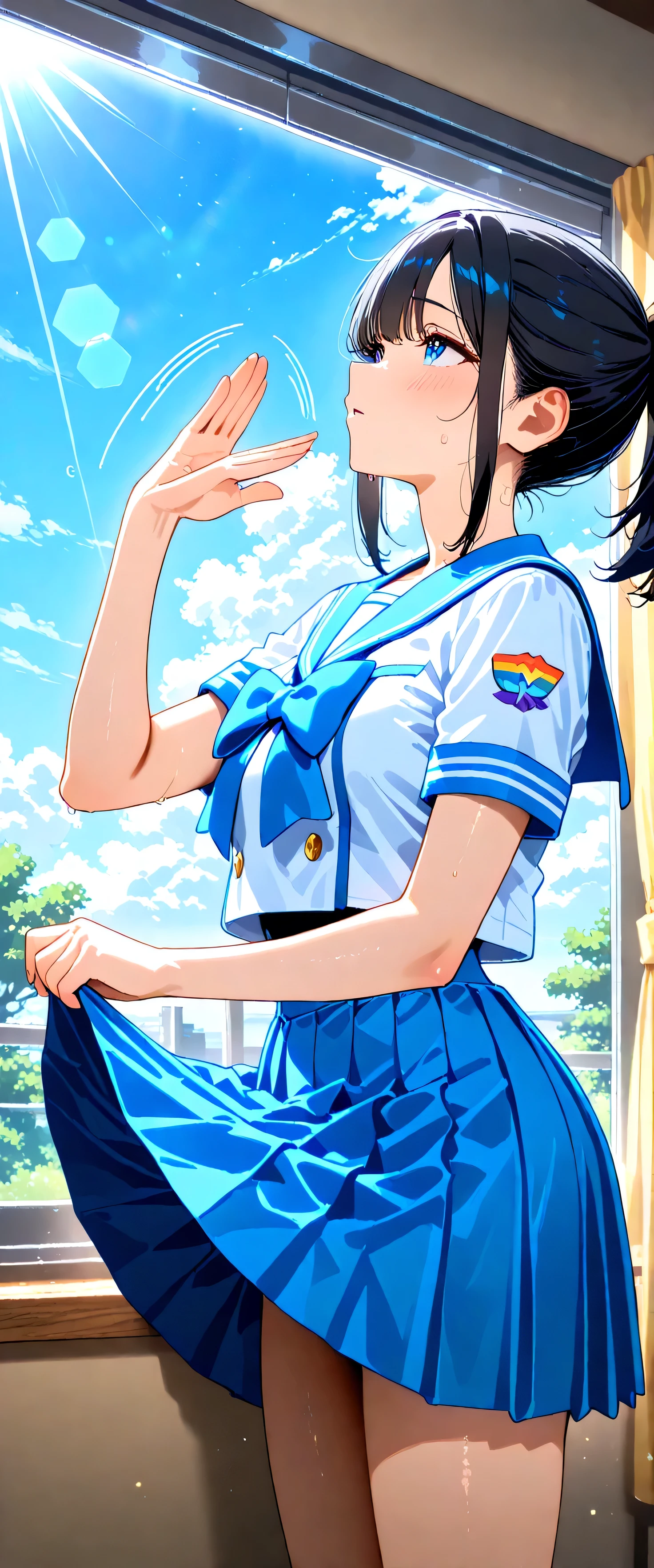 (背面図:1.5),(beautiful girl: 1.3),1girl,masterpiece, Highest quality, Ultra-high resolution,rich contrast,super high quality,8k,Highly detailed CG unit wallpaper,texture,Incredibly absurd,Ultra-high resolution,RAW Photos,Depth of Field 1.2,high school girl,(Blue and white sailor suit and pleated skirt:1.3),short sleeve,ponytail,Black hair, Watching the rainbow from the classroom window,(Circular Bokeh),look up,blue sky,fanning self,hot,((skirt lift)),xss