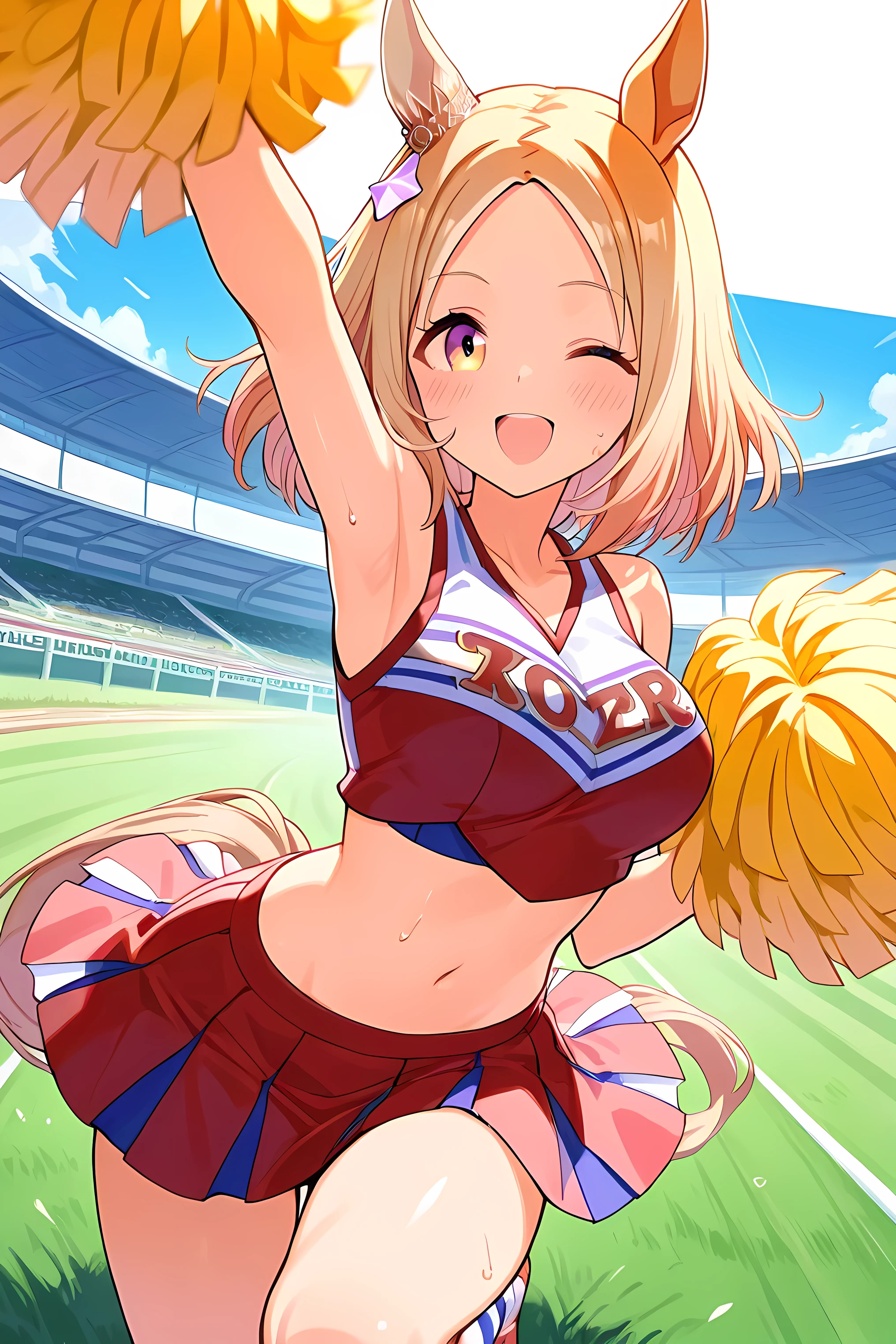 narita top road \(umamusume\)，（（（masterpiece））），（（（detailed）））（（best quality）），（（hyper detailed）），（beautiful），（（shinythighs）），（（（shiny skin））），（high quality skin），（（8k）），（（high resolution））， purple and black color cheerleader, holding large yellow color  pom-poms in both hands, dynamic pose,, arm up,reaching towards viewer，standing，knee up， smile, happy，one eye closed，sweat，embarrassed, blush，Lawn，horse racing track，shoot from front，eye level shot，（（（太ももから顔までのクローズアップ画像））），（（キャラクターアップ画像）），anime girl, solo, 