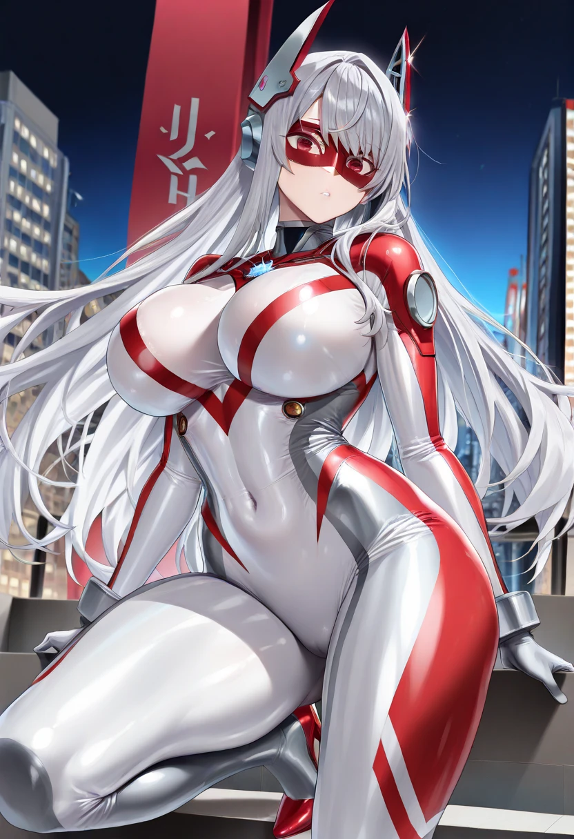 Evangelion plug-in suit male focus Nagisa Kaworu pilot suit big breasts breast enhancement white long hair shy standing alone in the sci-fi city full-body shot
