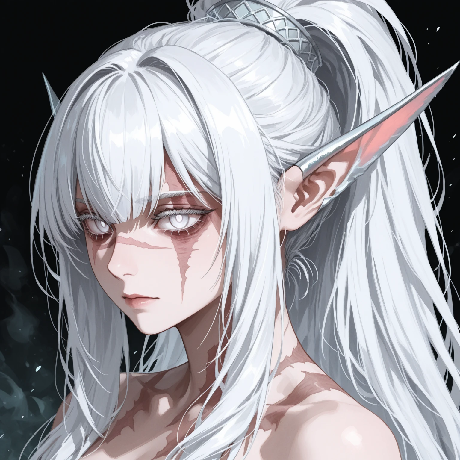 Long white haired girl in blue and white hunter outfit, demon slayer style
