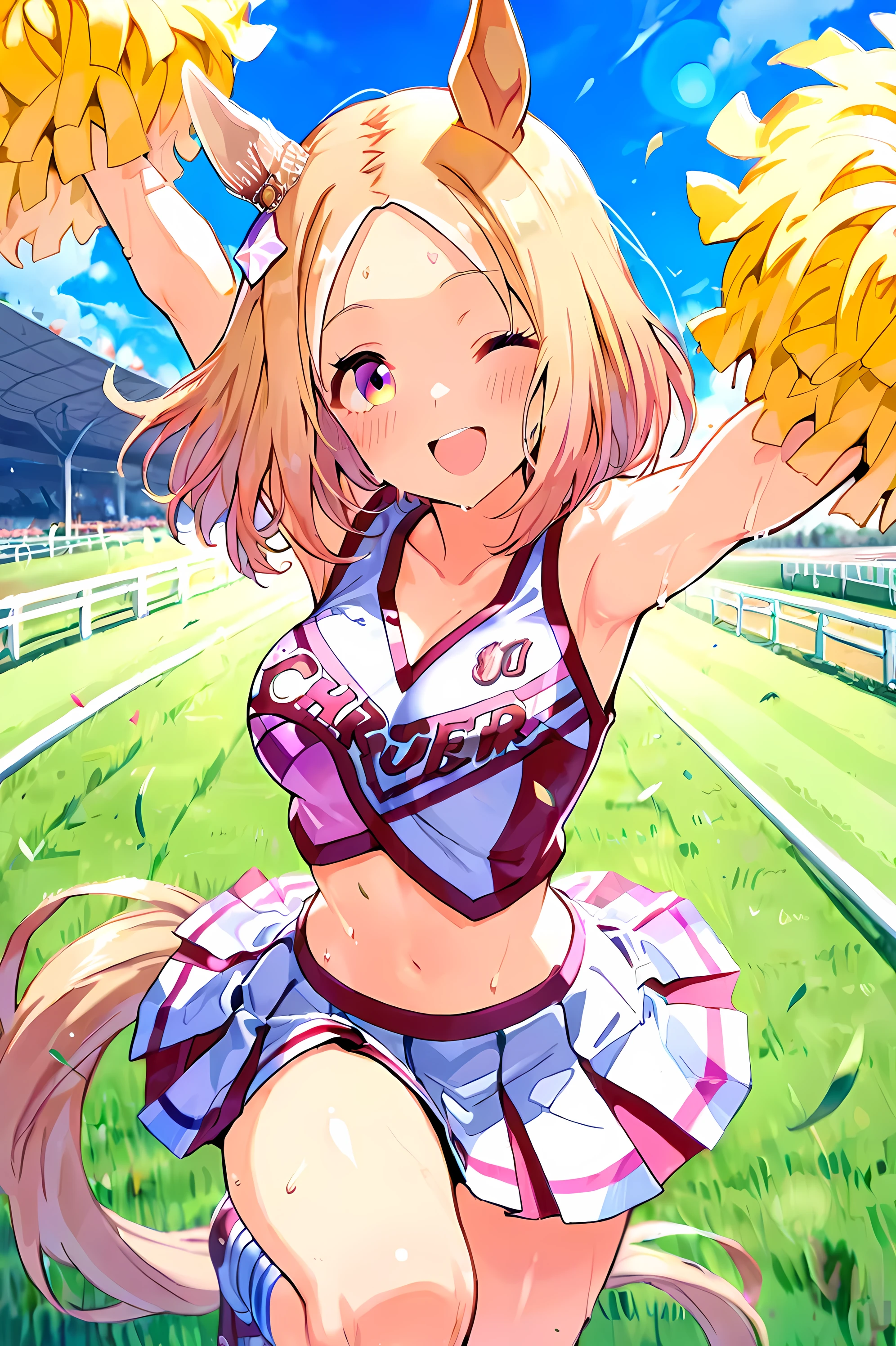 narita top road \(umamusume\),(((masterpiece))),(((detailed)))((best quality)),((hyper detailed)),(beautiful),((shinythighs)),(((shiny skin))),(high quality skin),((8k)),((high resolution)),pink and white color cheerleader, holding large pom-poms in both hands, dynamic pose,, arm up,reaching towards viewer,standing,knee up, smile, happy,one eye closed,sweat,embarrassed, blush,Lawn,horse racing track,shoot from front,eye level shot,(((太ももから顔までのクローズアップ画像))),((キャラクターアップ画像)),anime girl, solo,