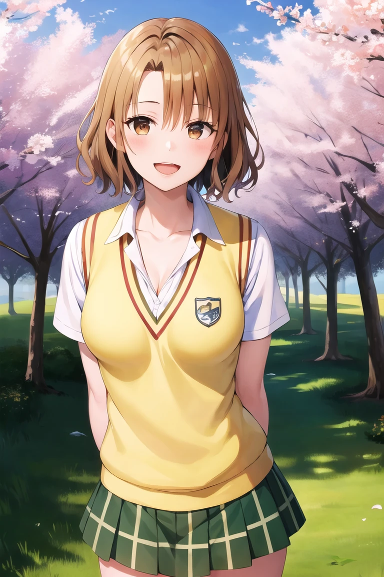 masterpiece, best quality, highres, 1girl, solo, short hair, brown hair, brown eyes, breasts, collarbone, , collared shirt, white shirt, sweater vest, (yellow vest:1.1), short sleeves, plaid skirt, green skirt, cowboy shot, standing, outdoors