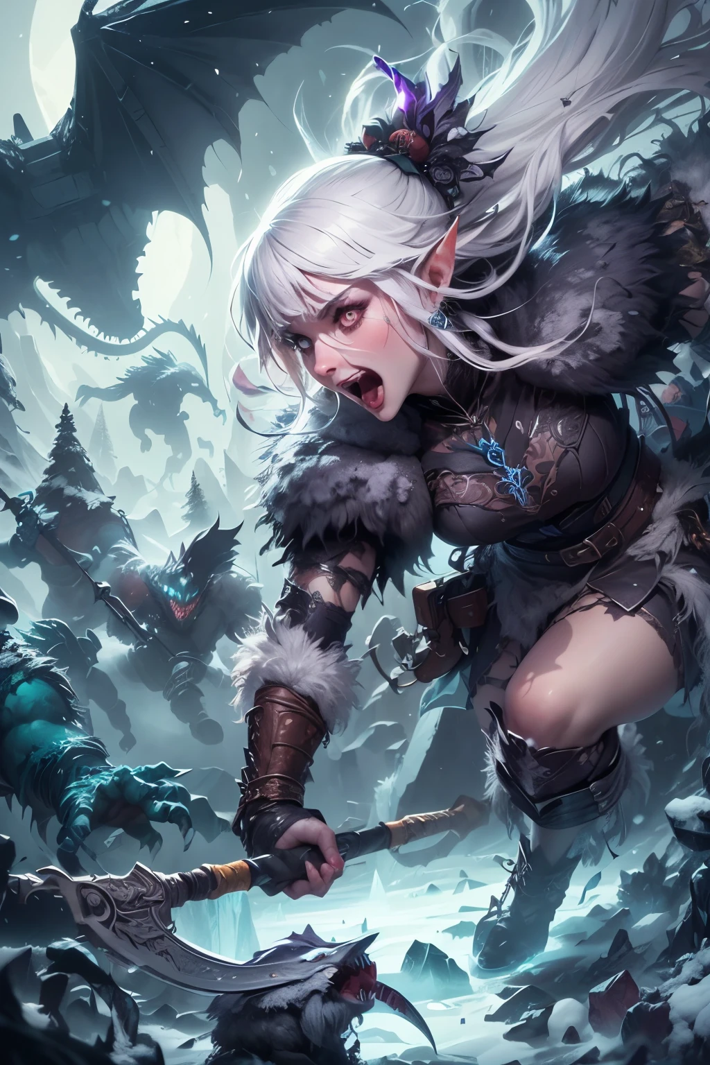 (Ultra-detailed face, gothic fantasy illustration, ukiyoe style. The artist depicts the woman from an oblique, looking-down perspective. A female dark elf barbarian is fighting ice trolls and ice pterodactyls in a Nordic ice forest. She roars and runs and jumps, slashing at the monsters with her two-handed greataxes. The ice pterodactyls exhale white ice breath and the ice trolls raise their huge clubs.) ,BREAK (She wears winter boots. Bangs in a bun. Long white hair.)