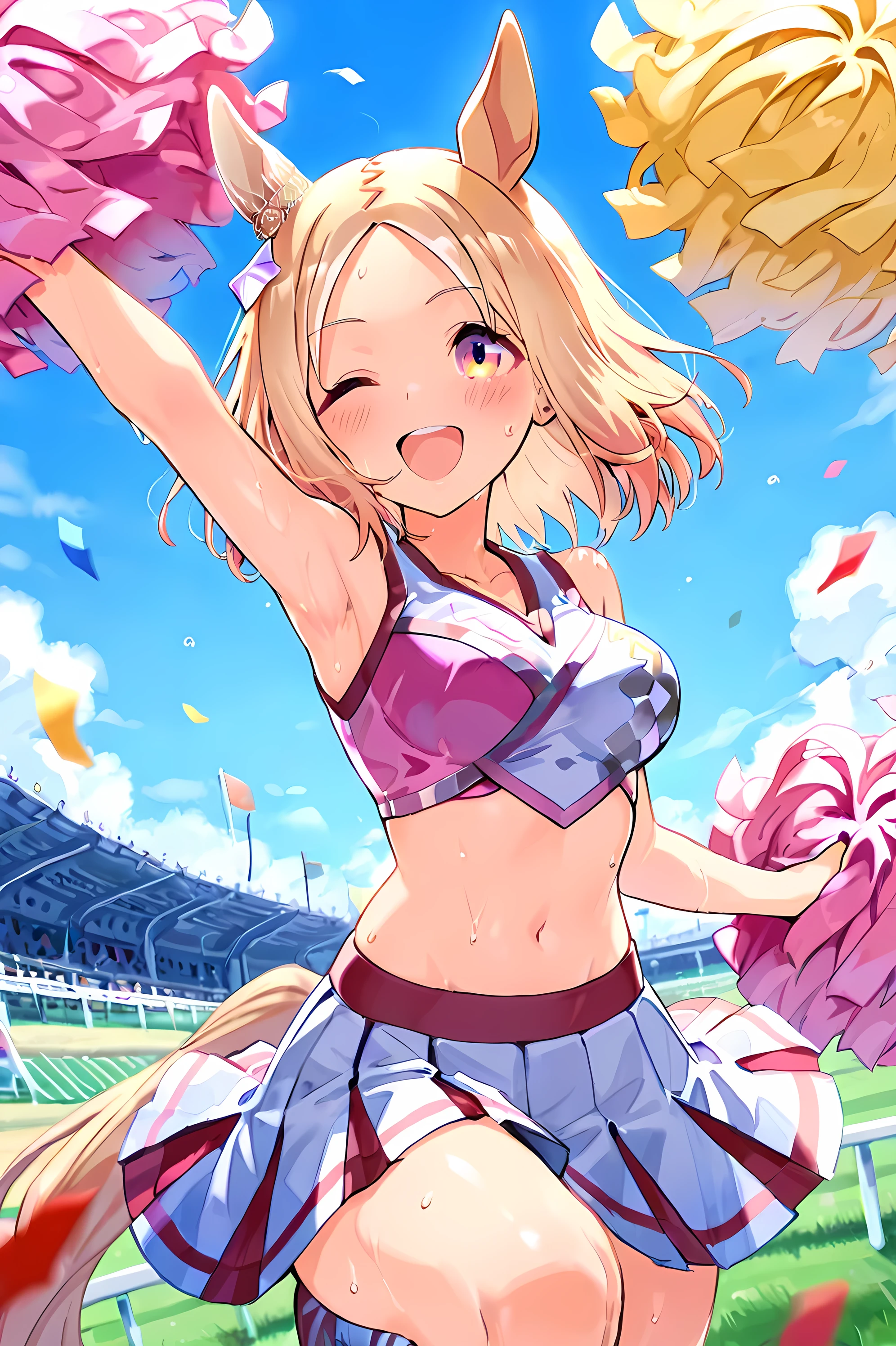 narita top road \(umamusume\),(((masterpiece))),(((detailed)))((best quality)),((hyper detailed)),(beautiful),((shinythighs)),(((shiny skin))),(high quality skin),((8k)),((high resolution)),pink and white color cheerleader, holding large pom-poms in both hands, dynamic pose,, arm up,reaching towards viewer,standing,knee up, smile, happy,one eye closed,sweat,embarrassed, blush,Lawn,horse racing track,shoot from front,eye level shot,(((太ももから顔までのクローズアップ画像))),((キャラクターアップ画像)),anime girl, solo,