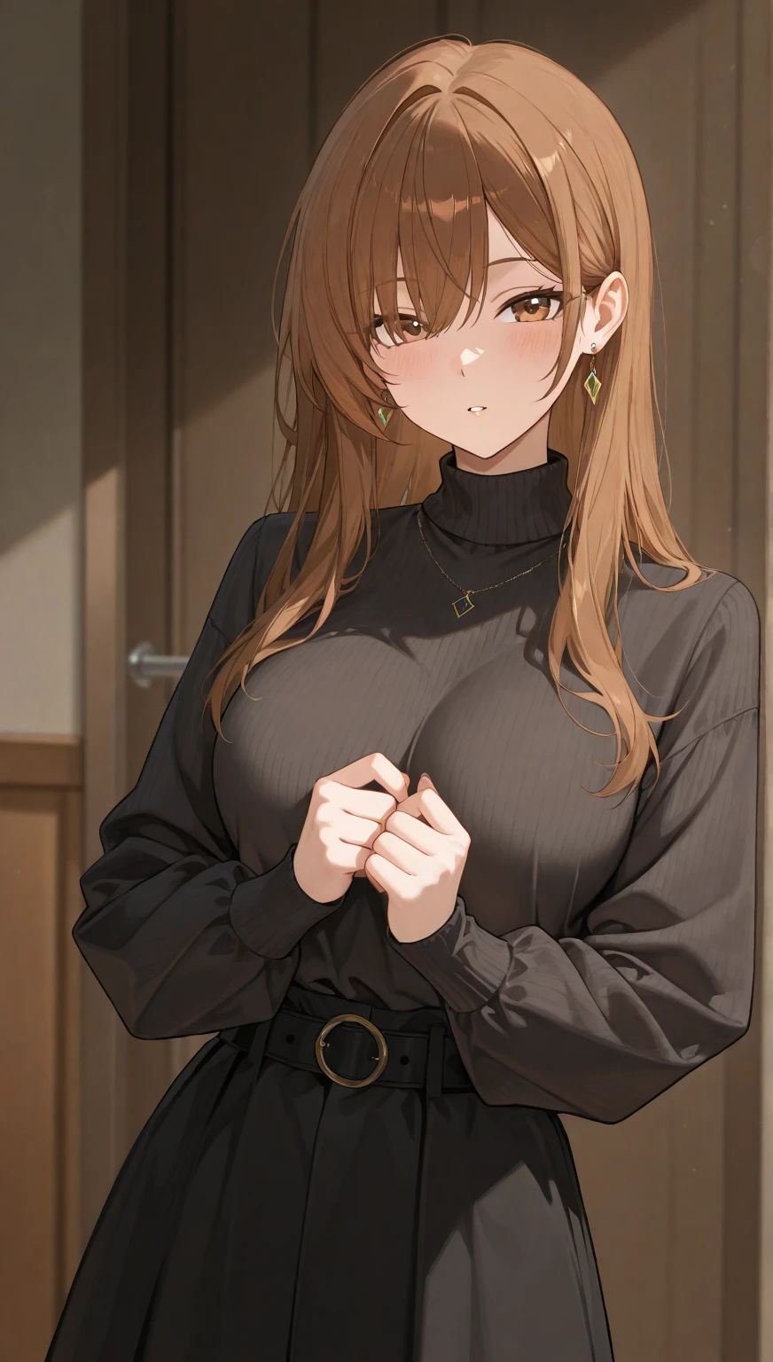 <lora:anime_screencap_v2:0.3> tall body, tall, long legs, mature female, mature, adult, <lora:GoodHands-beta2:1.4>,
<lora:eft_oshi_step:0.8> , eft_oshi_step, 1girl, jewelry, solo, earrings, sweater, smile, looking at viewer, upper body, long hair, brown hair, turtleneck, bangs, long sleeves, turtleneck sweater, closed mouth, hand up, hair between eyes, aged up, breasts, purple eyes, brown eyes, multicolored eyes, mature woman, wide hips, curvy