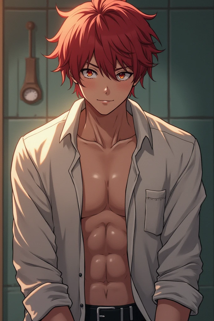 absurdres, highres, ultra detailed, HDR, master piece, best quality, extremely detailed, Dante, red hair, long hair, tanned skin, expressive blue eyes, Nu Carnival, solo, sexy man, handsome, horny, sensual, without clothes, naked, taking a shower, bathroom, water, bathtub, sitting