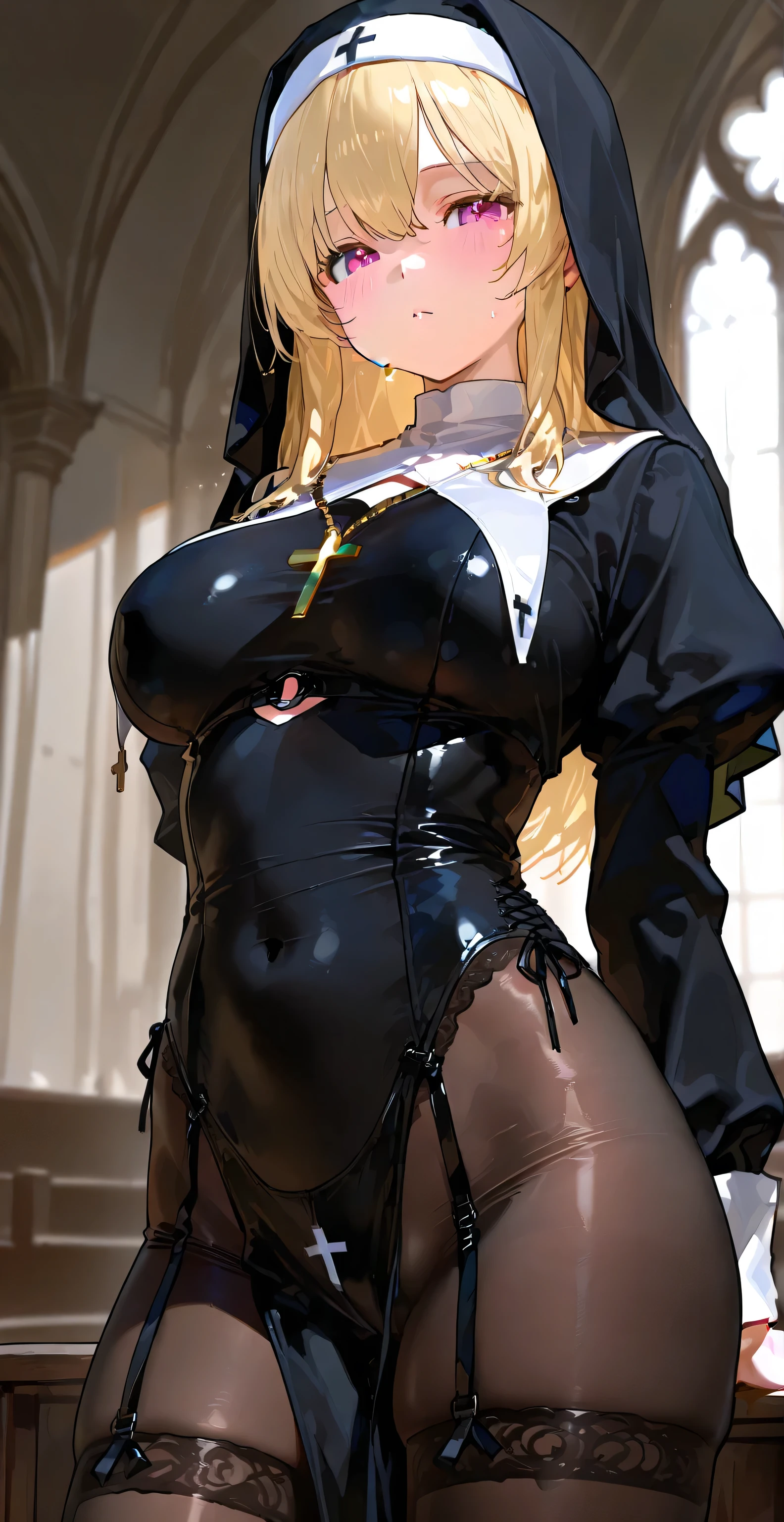 beautiful, masterpiece, simple background, white background, best quality, detailled image, colorfull, vibrant colors, detailed face, perfect lighting, pefect shadows, perfect eyes, mask, leather legwear, harness, chest harness, standing, wide anglelooking at viewer, black eyes, pefect face, vell, gloves, perfect hair, nun, gorgeous body, hourglass body, shiny body, 1girl, solo, pefect, solo focus, exposed chest, high heels, big breast, bimbo, big ass,choker, sexy_nun,