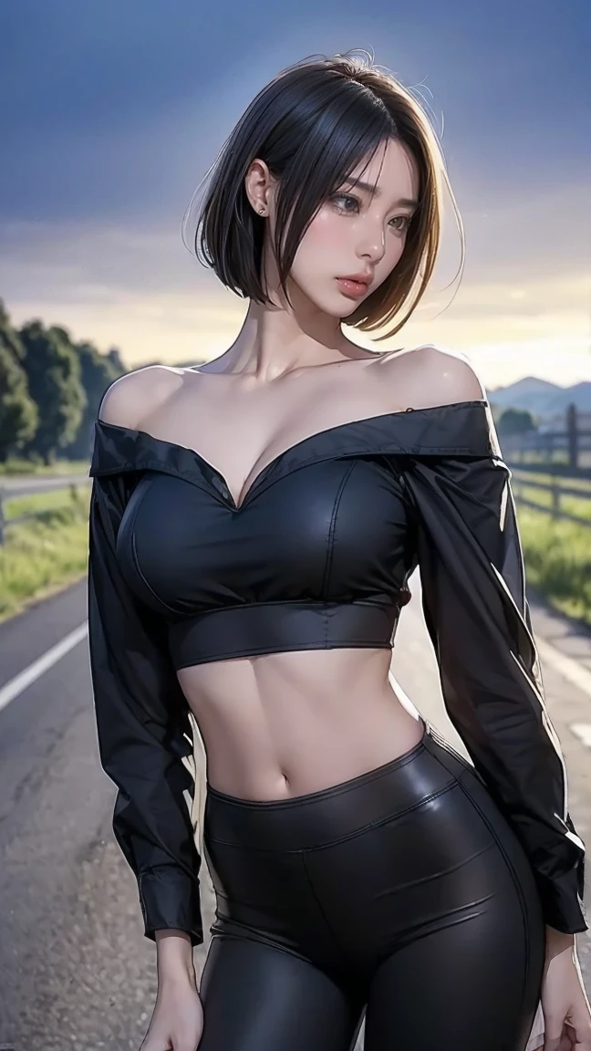 4K quality, The best high quality masterpiece, Punk girl wearing thin a black shirt, (heavy makeup), Blurred city background at sunrise, short hair, dark purple hair, detailed face, high quality, High resolution, (full shot:1.8), big breastini skirt, garter belt and black stockings, arms up