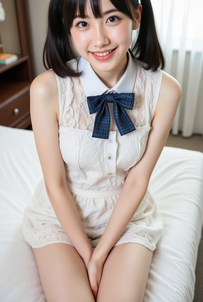 Japanese women, (smile:1.05),Browsing Caution、8K,Highest quality, masterpiece, Very detailed, 超High resolution, Realistic, RAW Photos, , Absolute Resolution, Complete limbs、Complete Anatomy、Perfect beautiful skin、cute女の子1人,cute女の子 、、(smile:1.2)、Lolita Girl、(school uniform:1.3)、(Sleeveless shirt:1.1)、 ((When you raise your hands above your head, you can see your armpits.))、、Micro Mini Skirt、、Accentuate your thighs、cute女の子、 , Realistic young gravure idol, Japanese Girls、、by 2 person、(bedroom:1.2)、Mix 4, (16K, Raw photo, Best image quality, masterpiece: 1.45), (Realisticな, Photorealistic: 1.37), Two Girls, cute, Professional Lighting, Photon Mapping, bedroom, Physically Based Rendering, Dark brown long bob hair,Beautiful, well-groomed eyes、double eyelid、With a girl, (((Sleeveless shirts worn by Japanese high school girls、Tartan plaid miniskirt,、Dark blue socks))), Highest qualityの写真, High resolution, 1080P, (Clear Face), (Detailed face description), (Detailed hand description), (masterpiece), masterpiece、Rich details、(Beautiful Faces)、(Highest qualityの写真)、(Detailed eyes)、 in front of you、Thin clavicle、((Slim and large))、(((Japan wears short-sleeved shirts)))、((Pure Idol))、((明るいbedroom))、(Shot from random perspectives)、(((とにかくcute)))、smile、Drawing the whole body from the knees、 nasolabial folds、(Large firm breasts:1.2)、Firm big ass、Two arms and two legs、(((from the front:0.4)))、bare hands、Symmetrical eyes、