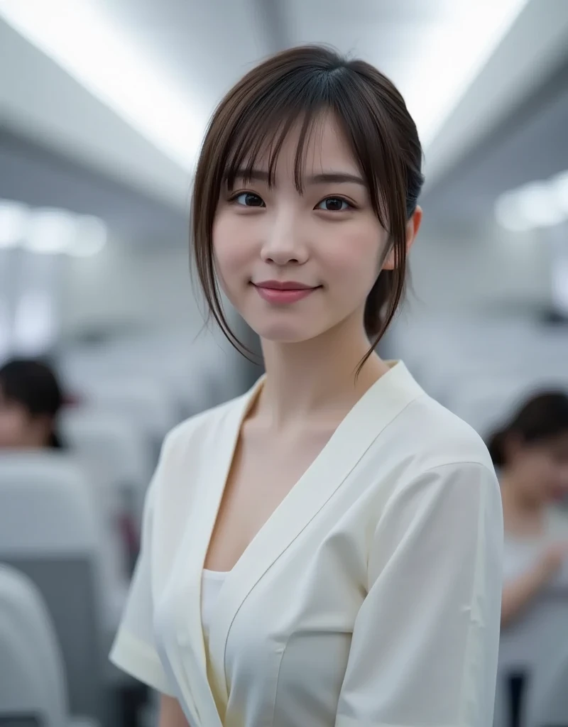 top-quality, masterpiece, 8K, 超A high resolution, (Photorealsitic:1.4), 1girl in、beautiful face、symmetrical eye、Colossal 、Perfect body proportion、cleavage of the breast、Stewardess、Look at viewers、A smile、(Inside the plane:1.2)、front-facing view、Shoulder、Absolute area(1.3)、