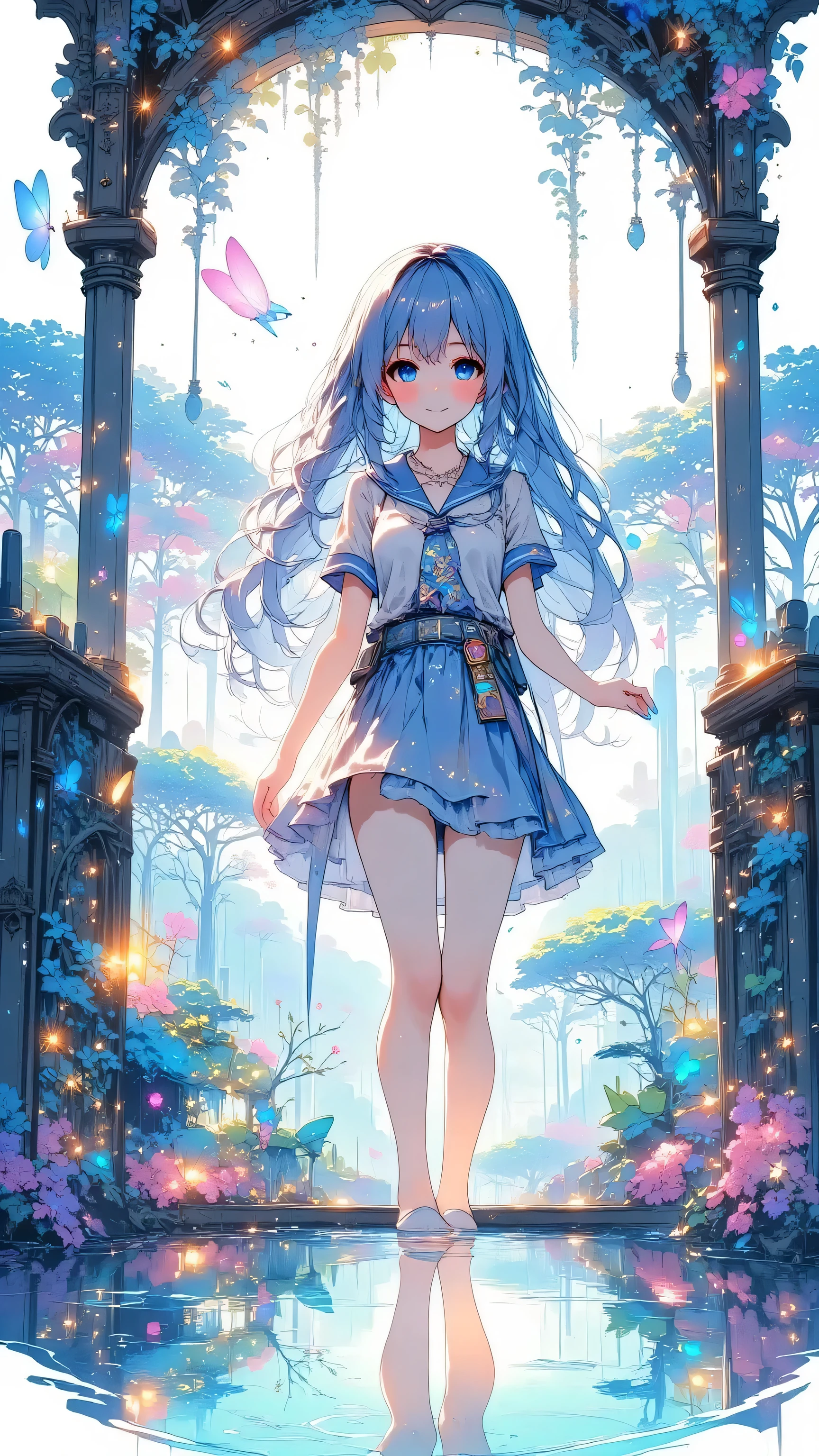 fantasy forest spring, 1girl, long flowing blue hair, sparkling eyes, standing in glowing water, surrounded by butterflies, tropical plants, ambient light, mystical mood, soft fog