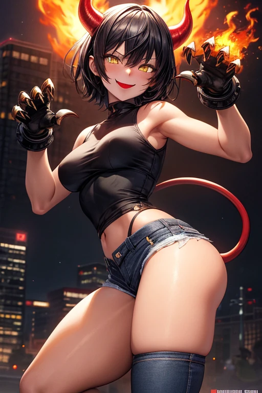 ((best quality)), (detailed), 1 brutal women, 8k_wallpaper, extremely detailed eyes, (large masterpiece digital art), (intricate details:1.3 ), (ultra-detailed:1.3), (sharp focus:1.3), (natural lighting:1.05), (vivid colors:1.3), (best quality:1.4), expressive eyes, full body, detailed face, beautiful face, perfect face, ((hair black curls)), ((blue horns)), (gold eyes), {{dark skin}}, ({dark skinned female}), (big breasts), huge chest, big wide ass, powerful relief muscles of the abdomen and legs, powerful strong muscles of the arms, a predatory and daring look, a predatory smile with a lot of fangs, dressed in an open white coat with rolled up sleeves, a translucent blue crop top through the fabric, the clear outlines of large pointed nipples are visible, denim mini-shorts, leather gloves, steel bracelets, a large hiking backpack, walks along the street of a large metropolis in the cyberpunk style with many advertising neon tabloids and labels of establishments, sunny day, light fog,