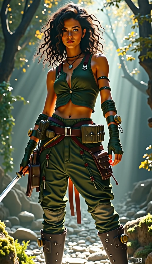 DreamArtistBADHAND, (wide-shot:1) photo of (jungle-punk:1.1) intimidating beautiful female warrior, in the jungle