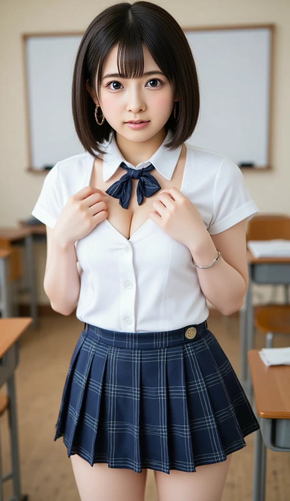(Breast enlargement), (masterpiece, Highest quality:1.2), 8K, Young and beautiful girl, 85mm,Official AR RAW Photos, (Baby Face), ((Small face)), ((Super big breasts)), Detailed nipples, ((Platinum Short Hair)), ((curl bob hair)), Show me your ears、photo shoot, Cute face, Thighs, Classroom after school, Looking at the audience, Embarrassing、smile、No makeup, Film Grain, chromatic aberration, Sharp focus, Face Light, Bright lighting, 10 generations, Detailed face, Background blur、((((((14 year old high school girl))))))、Narrow waist、 uniform、Dark blue mini skirt, White tiny panties