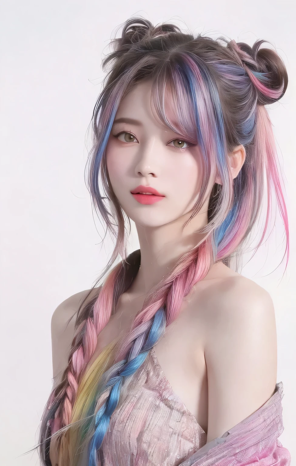 (realistic,masterpiece, top quality, best quality,watercolor (medium),official art, beautiful and aesthetic:1.2),(1 realistic woman:1.3, a happy smile with theeth, red plum lips and smoky eyes), (fractal art:1.3),upper body, from side, looking at viewer,patterns,(Two-Tier Inverted shoulder length wavy hair, swept bangs, Long sideburns, shoulder length braided hair, topknot, rainbow color Hair,colorful hair,half blue and half pink hair:1.2),water,liquid, brightly colored jumpsuit, cropped yellow jacket with white pattern, Piercing of bird feathers up to the shoulder, chocker