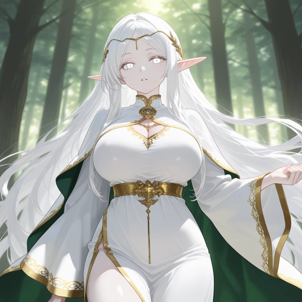 1girl, elf, white hair, very long hair, yellow eyes, large breasts, sitting on tree, from below, high place